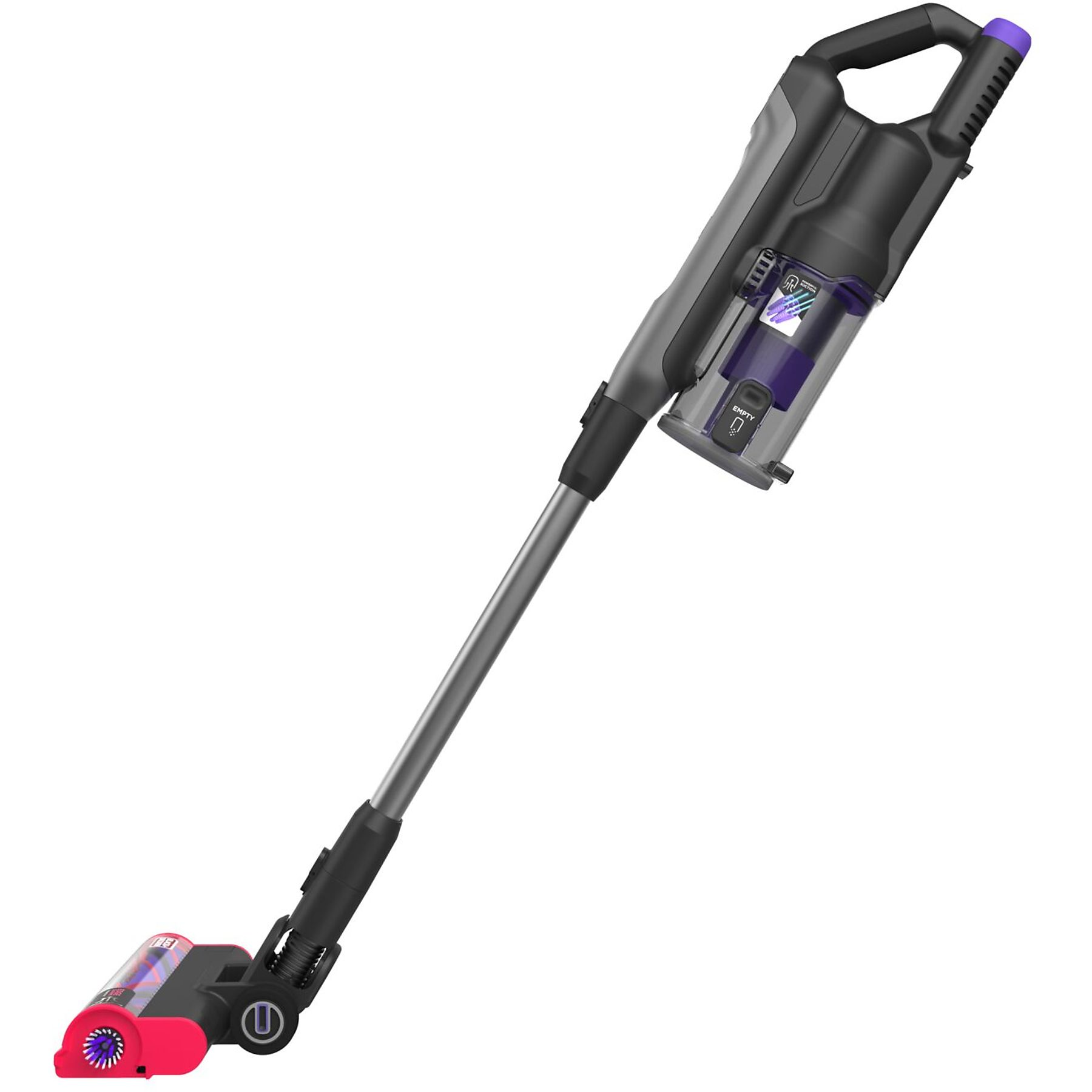 Un aspirapolvere senza fili grigio e nero con accenti viola.