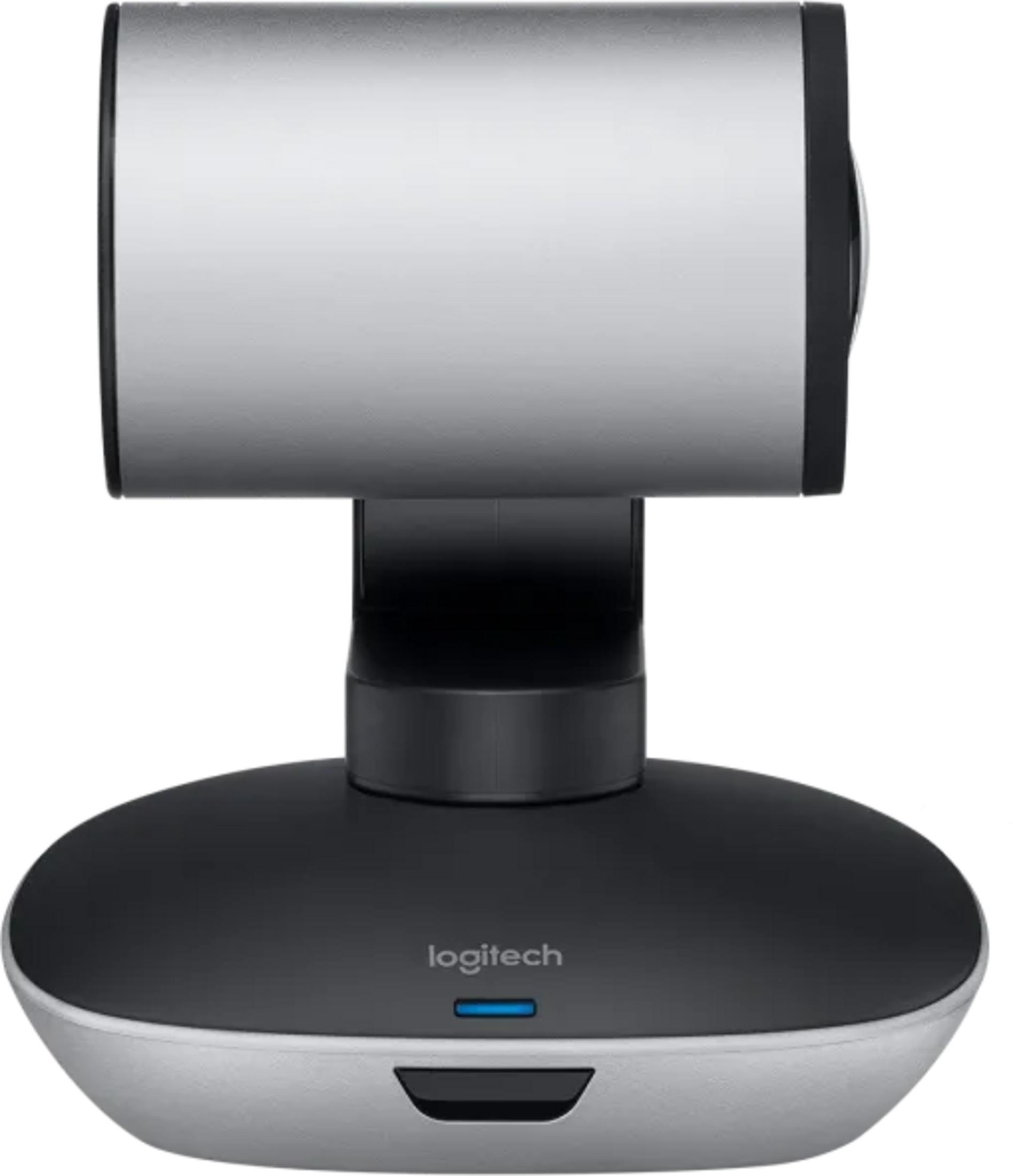 Eine silberne Logitech-Webcam mit schwarzem Sockel und blauer LED.