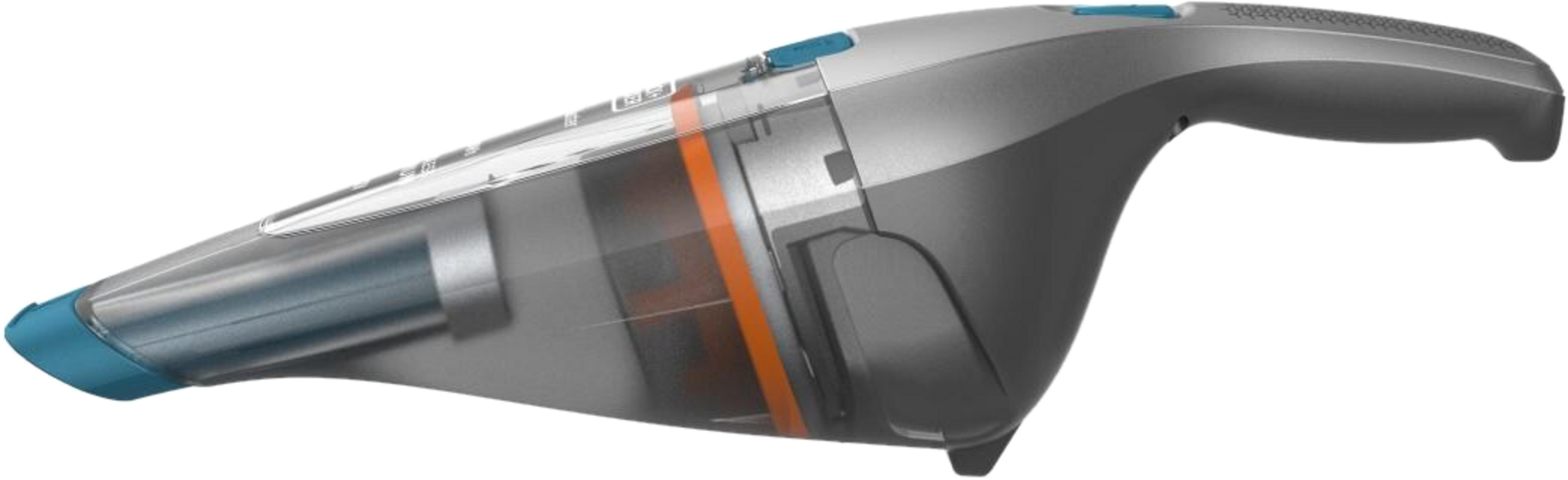 Un aspirapolvere portatile grigio e blu con contenitore trasparente.