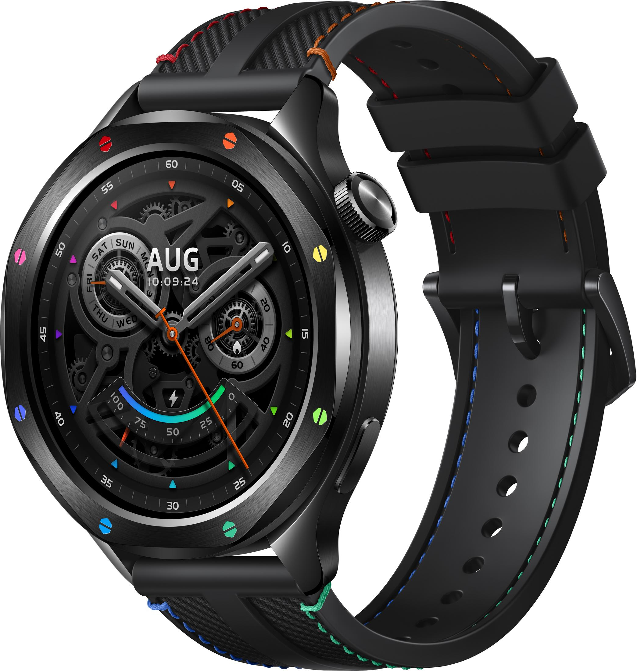 Eine schwarze Smartwatch mit bunt genähten Nähten und einem detaillierten Zifferblatt.