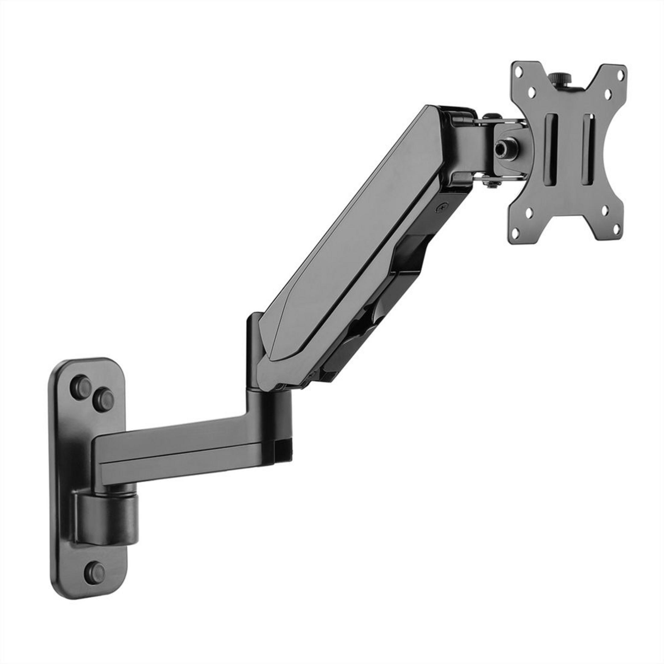 Ein schwarzer Monitorarm mit Wandhalterung und Gelenkarm.