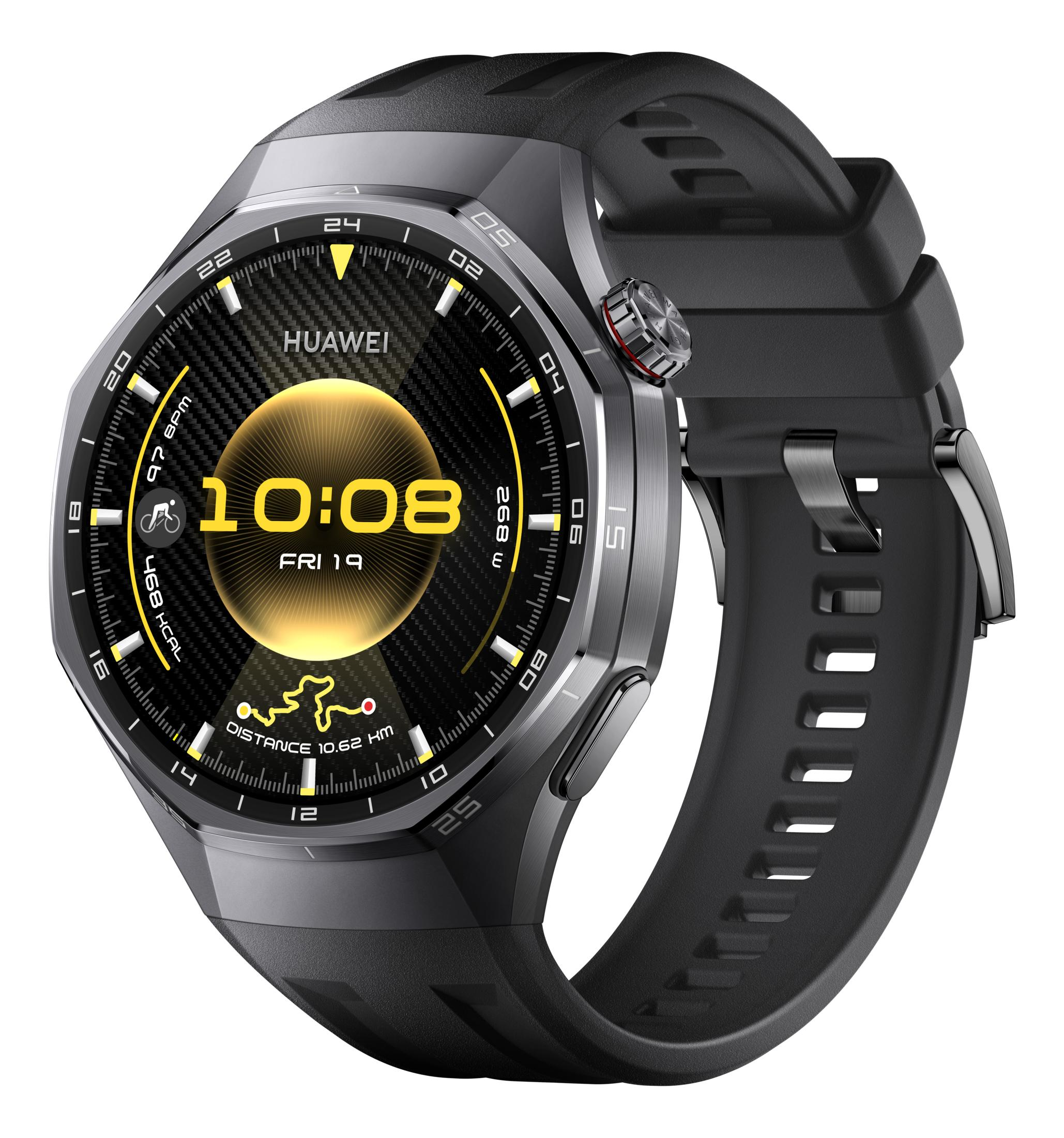 Eine schwarze Huawei Smartwatch mit runden Display zeigt 10:08 Uhr, 468 kcal, 10.62 km.