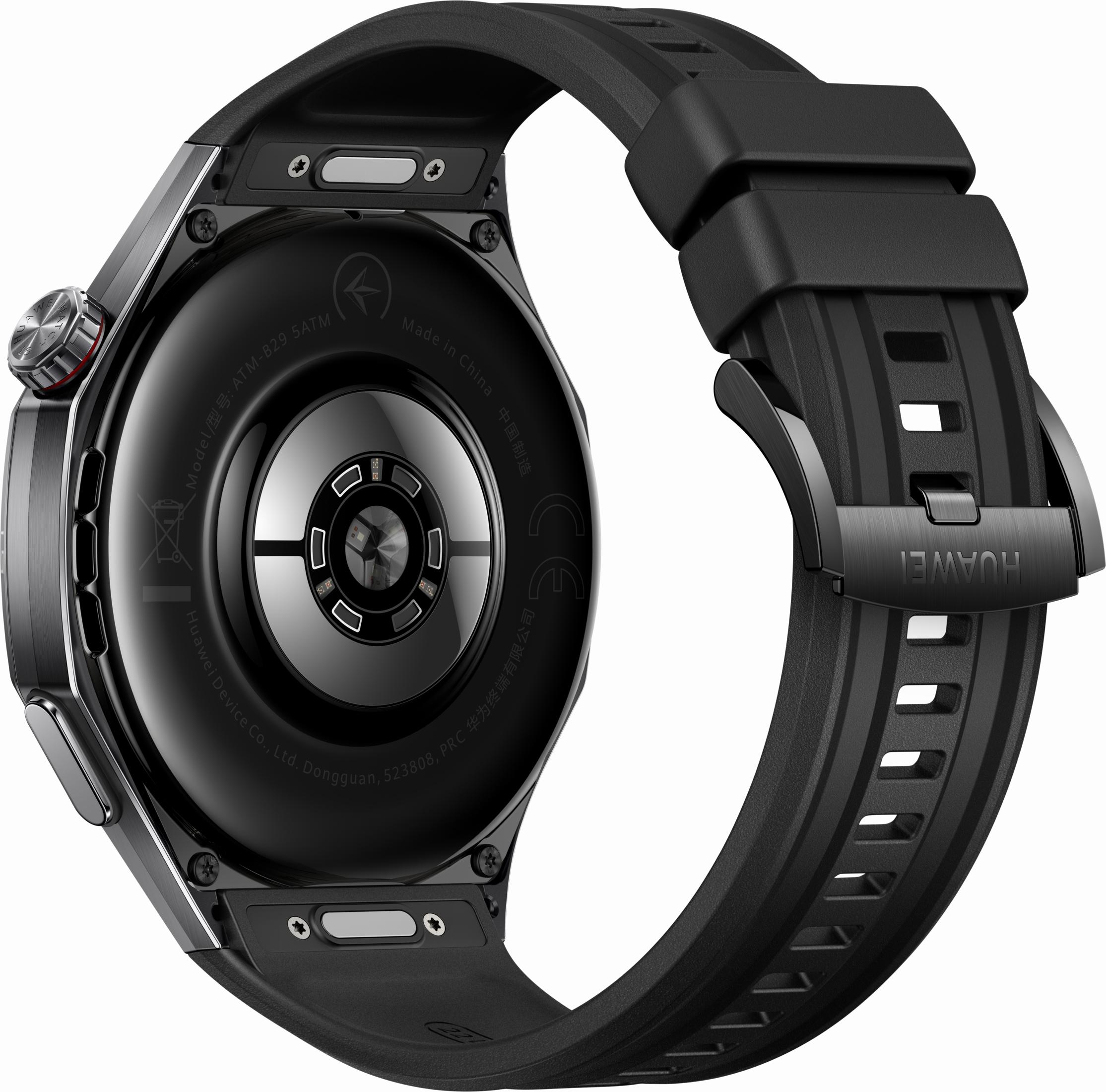 Rückseite einer schwarzen Huawei Smartwatch mit Metallkrone und schwarzem Armband. Modell ATM-B29.