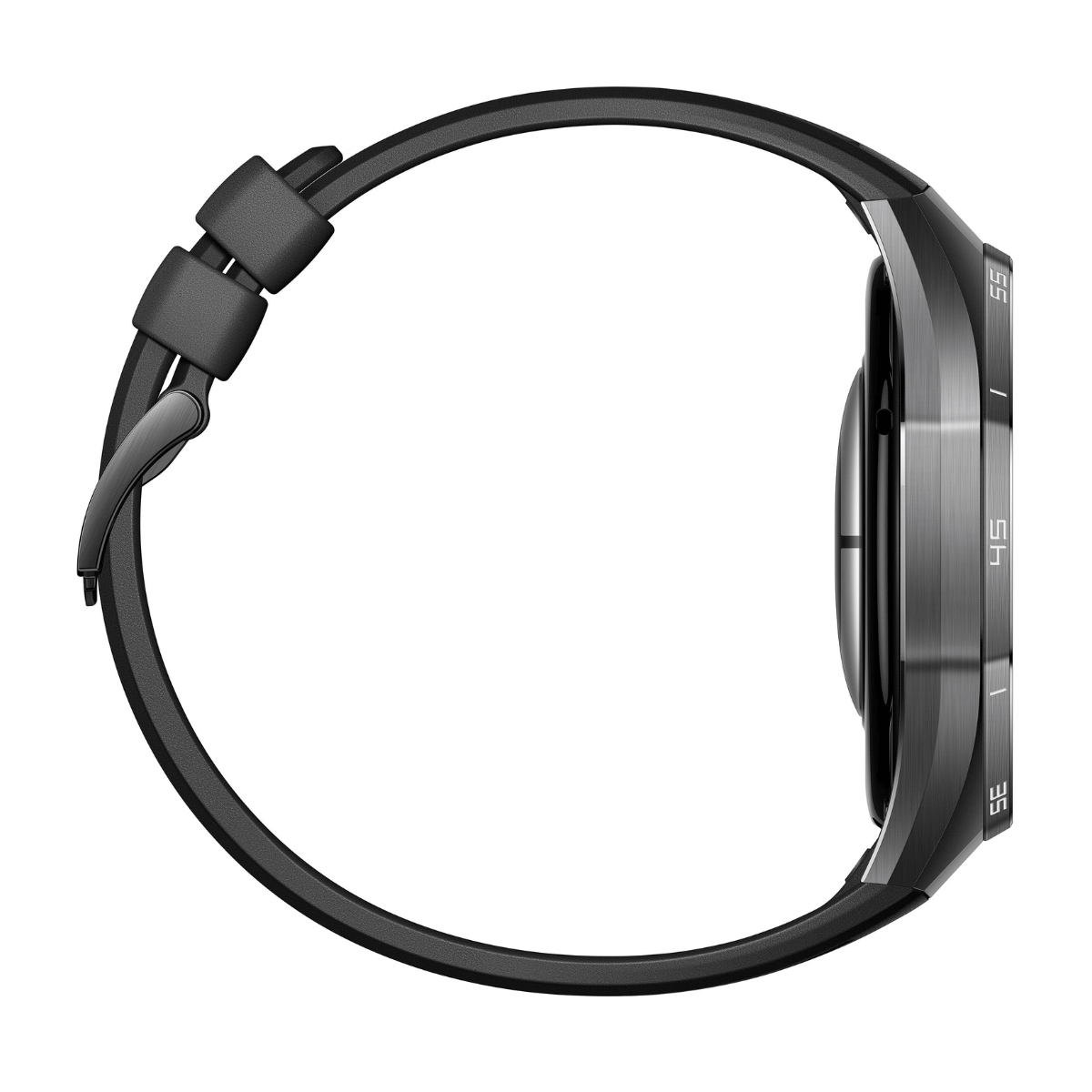 Graue Smartwatch mit schwarzem Armband, Seitenansicht mit Markierungen.