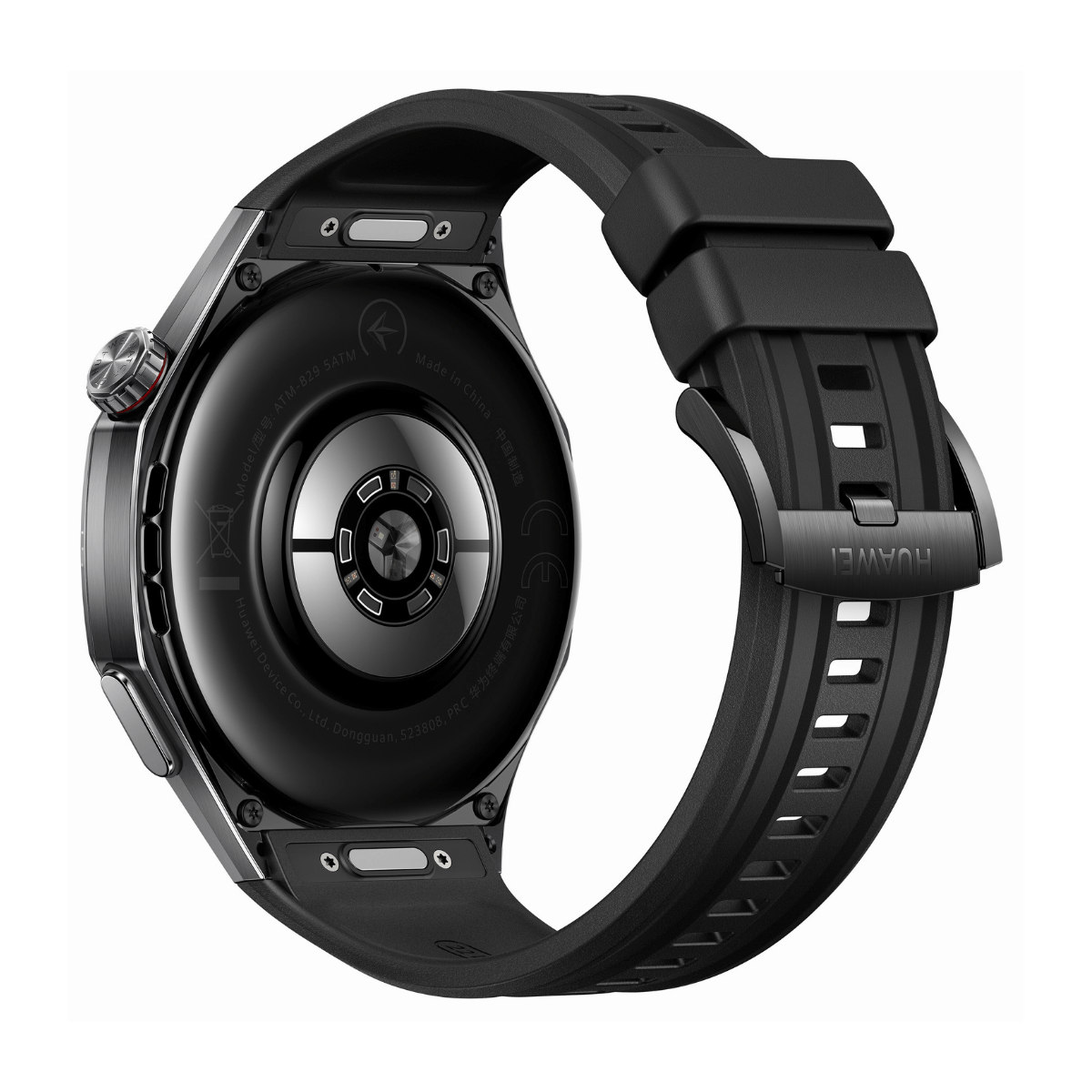 Rückseite einer schwarzen Smartwatch mit Gummiband und Huawei-Logo.