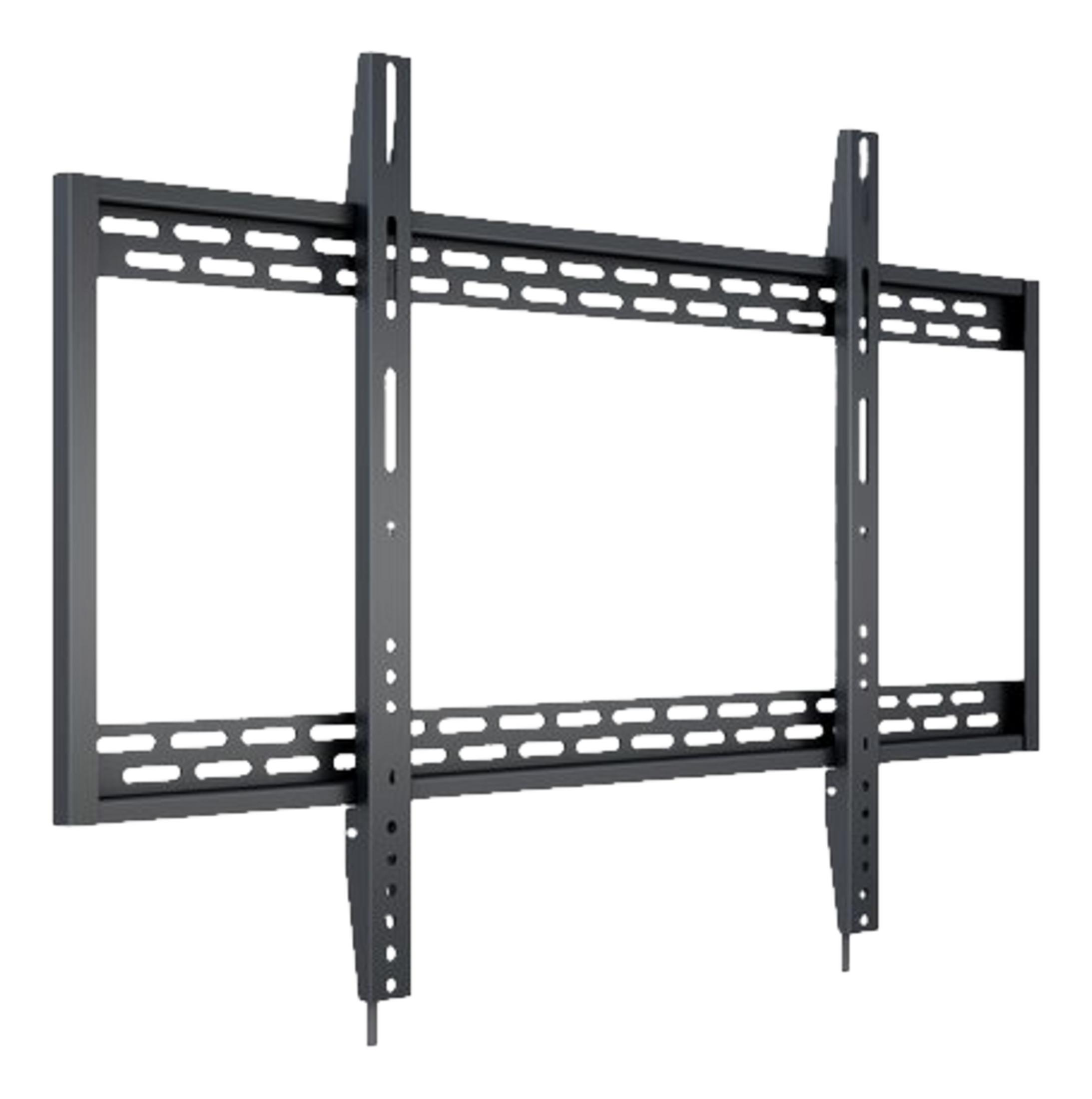 Un supporto da parete TV in metallo nero con fessure orizzontali.