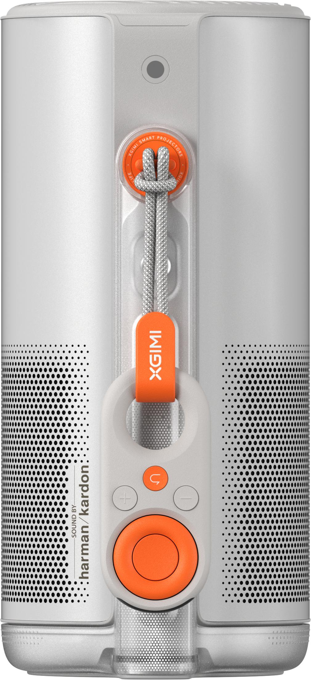 Biały głośnik przenośny z pomarańczowymi akcentami i sznurkiem.