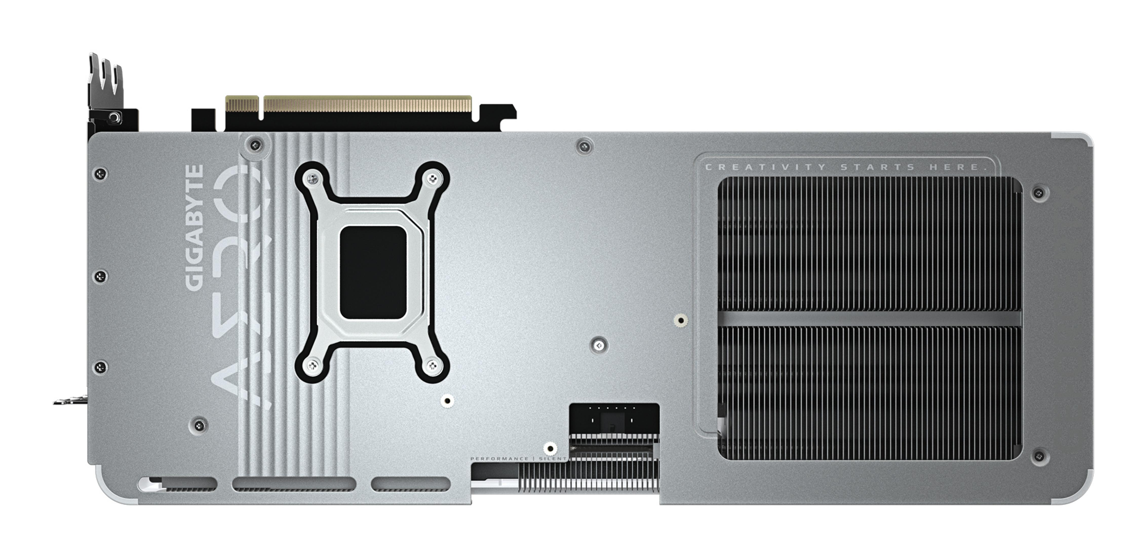 Srebrna karta graficzna z grillami wentylatora i logo Gigabyte.