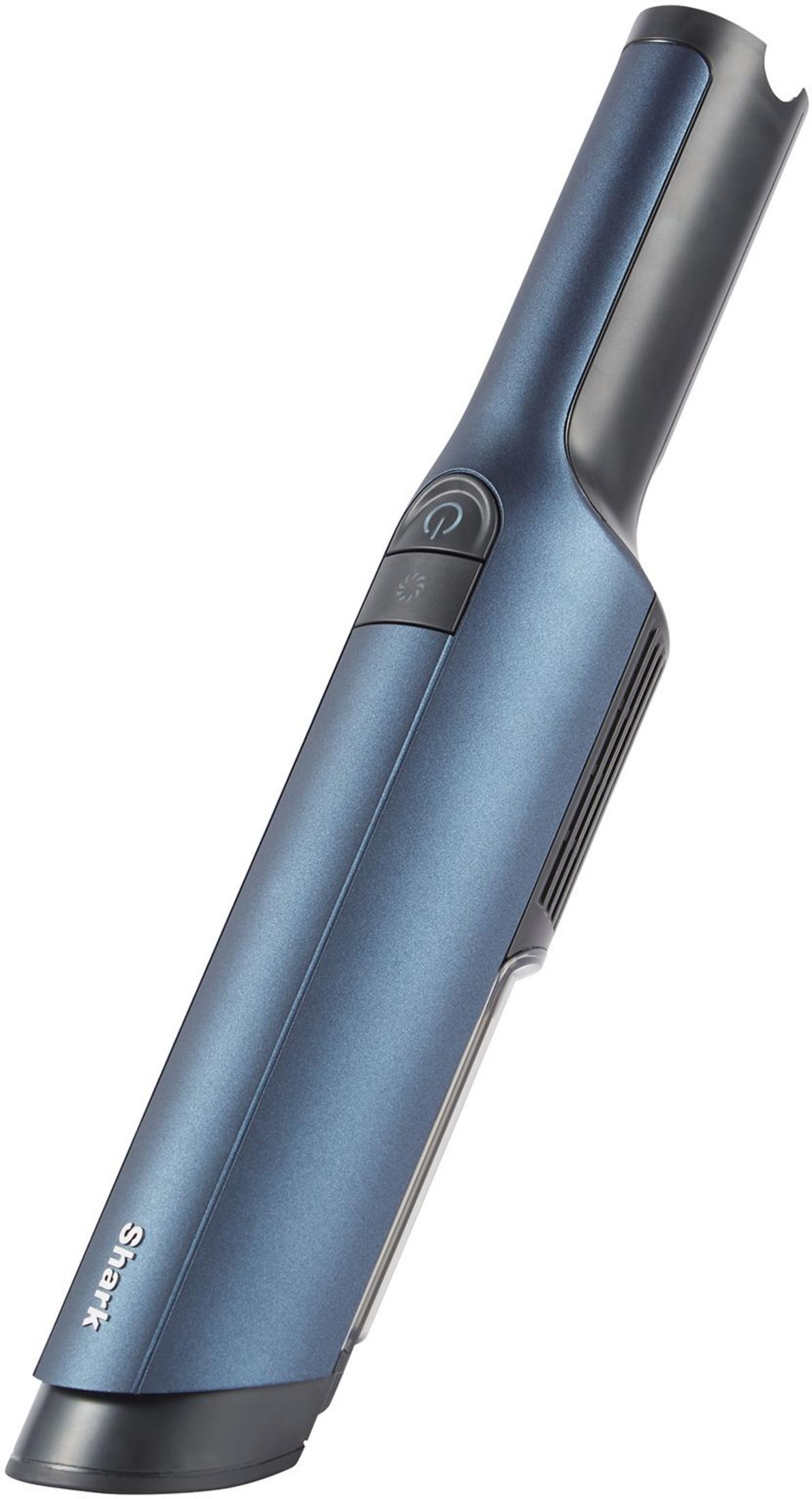 Niebieski odkurzacz ręczny z czarnymi detalami i przyciskiem zasilania.