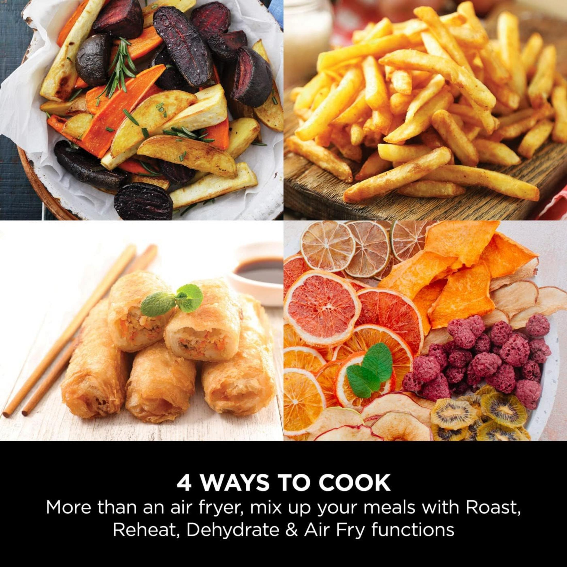 Cztery potrawy: pieczone warzywa, frytki, sajgonki i suszone owoce.