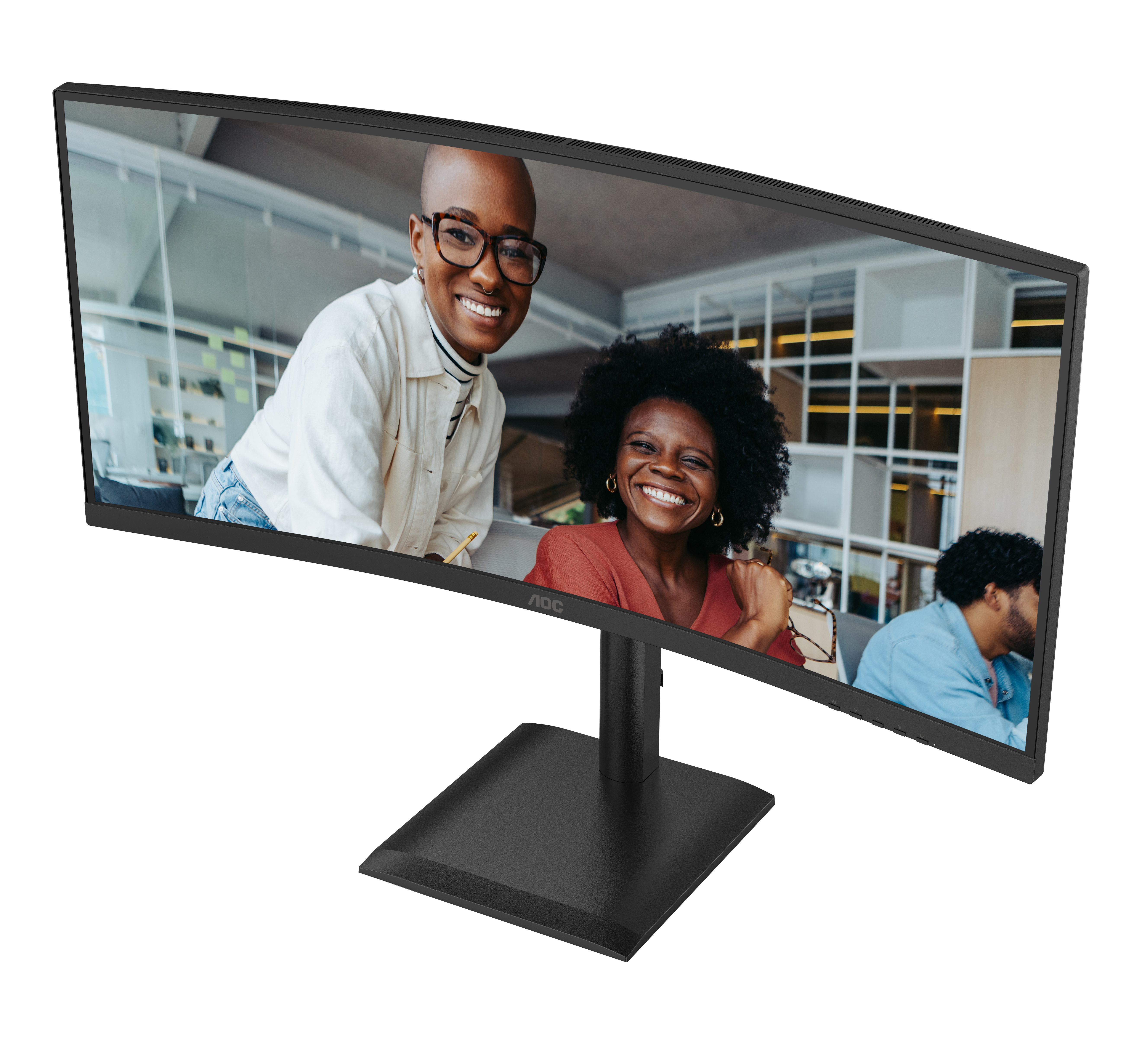 Dwie uśmiechnięte kobiety i mężczyzna w nowoczesnym biurze, widoczni na monitorze.