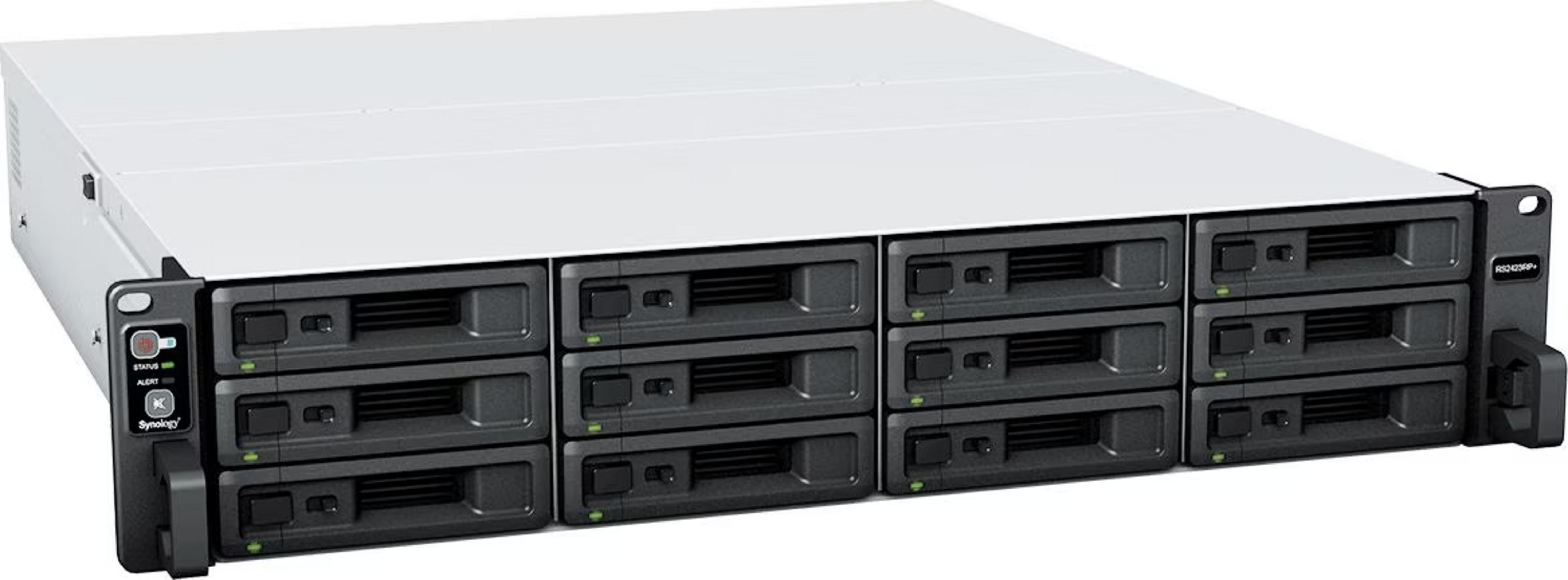 Ein weißer Server-Rack mit 12 Laufwerksschächten und Statusanzeigen.