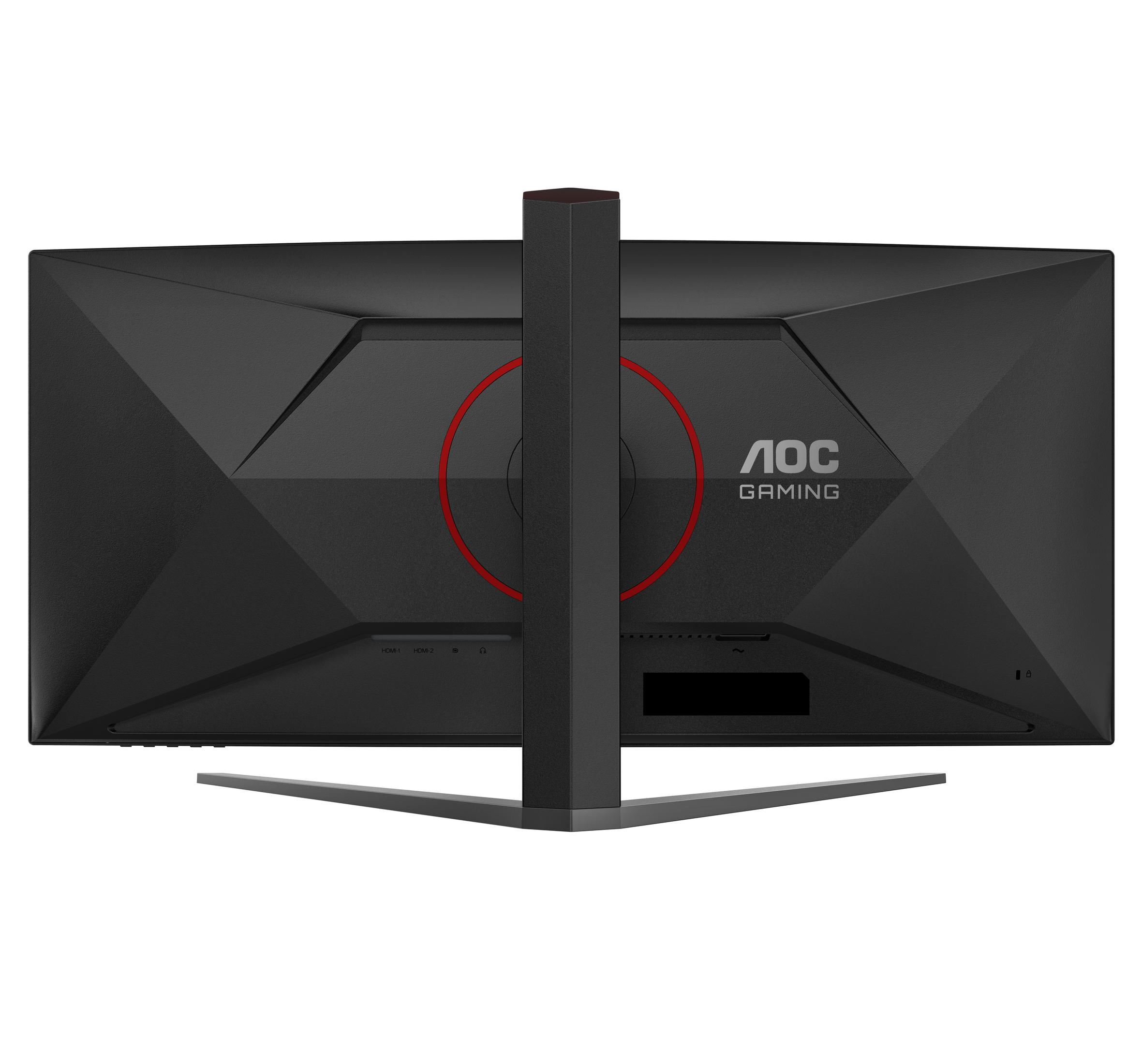 Tył czarnego monitora AOC Gaming z czerwonym okręgiem i portami.
