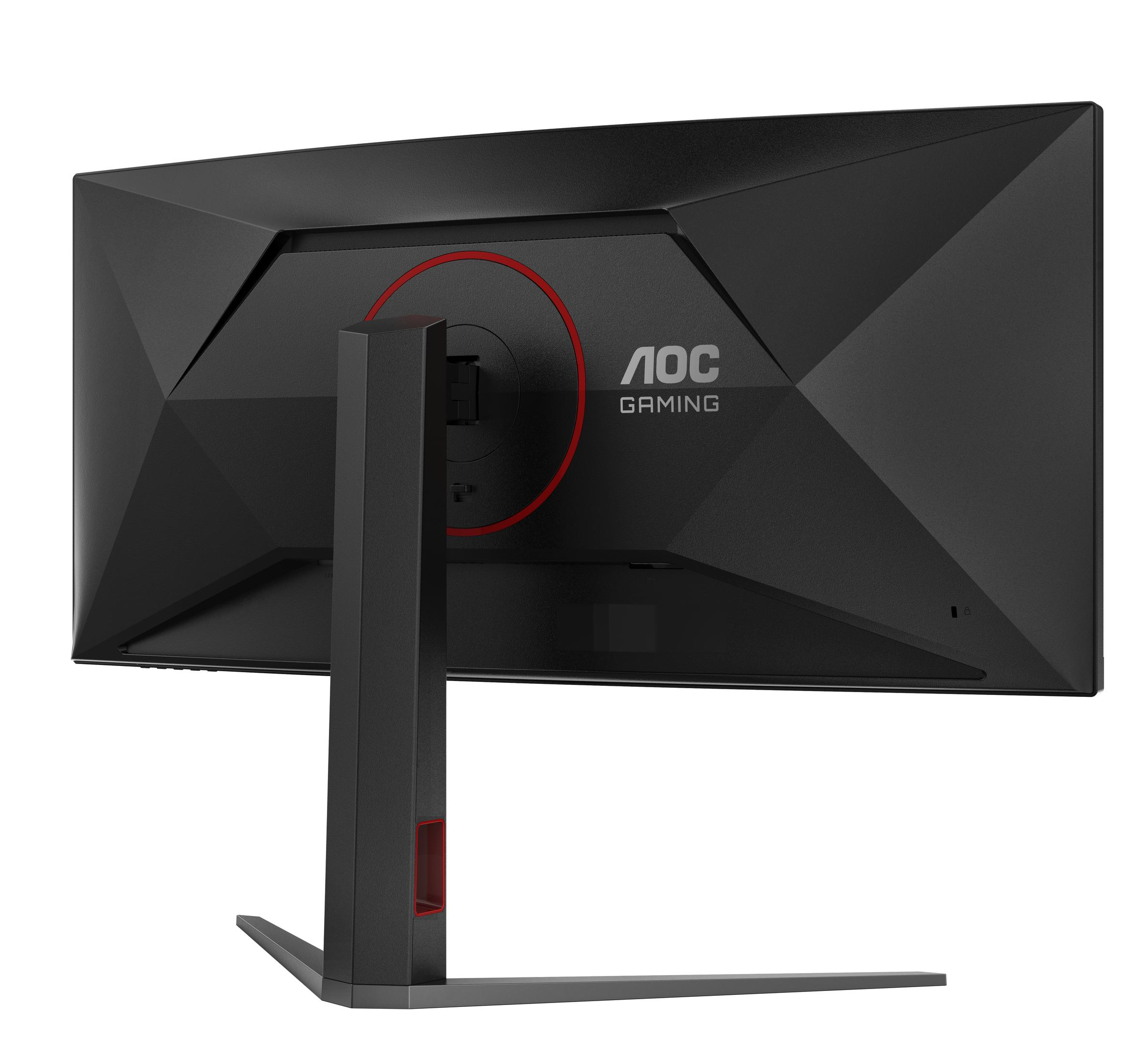 Tył czarnego monitora AOC Gaming z czerwonym detalami okręgu.