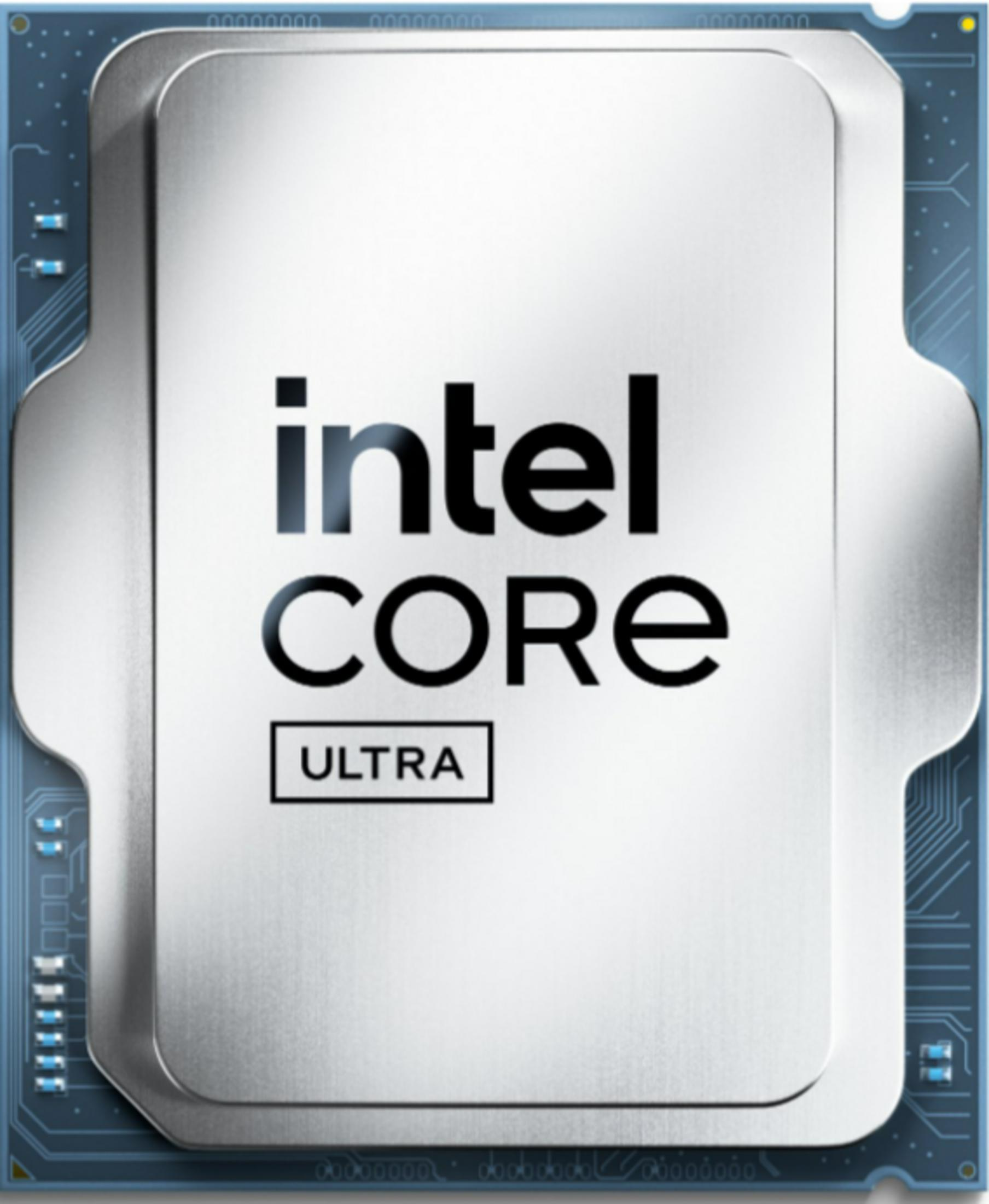 Procesor Intel Core Ultra na niebieskiej płytce drukowanej z ścieżkami.