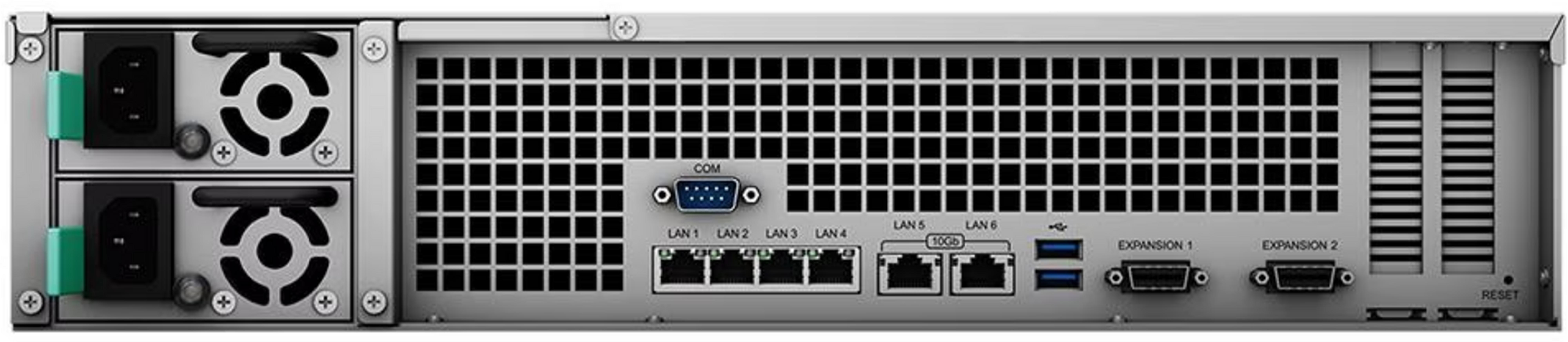 Panneau arrière de serveur avec ventilateurs, ports et grilles de ventilation.
