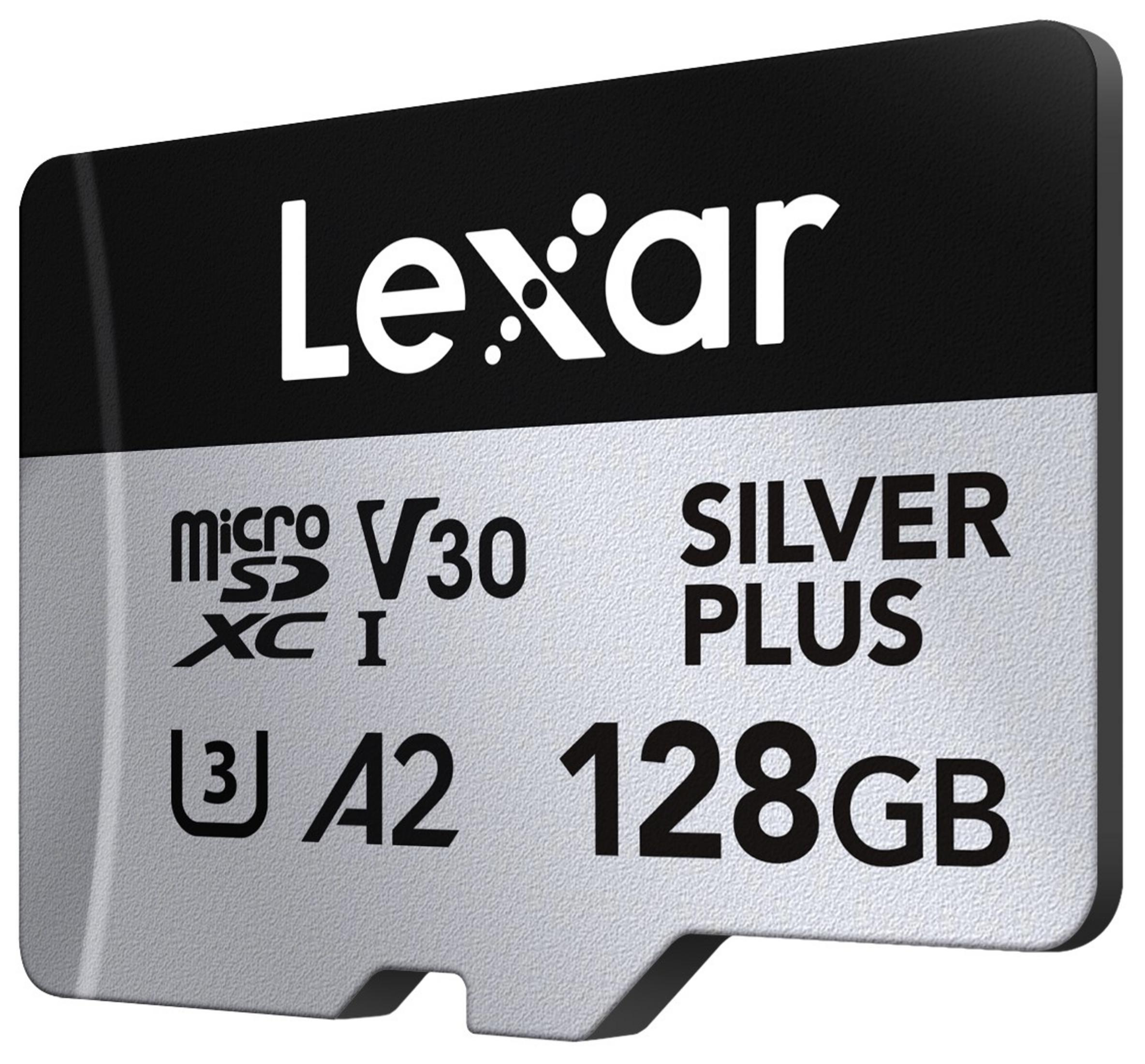 Scheda Lexar Silver Plus 128GB Micro SDXC con classificazione V30 e A2.
