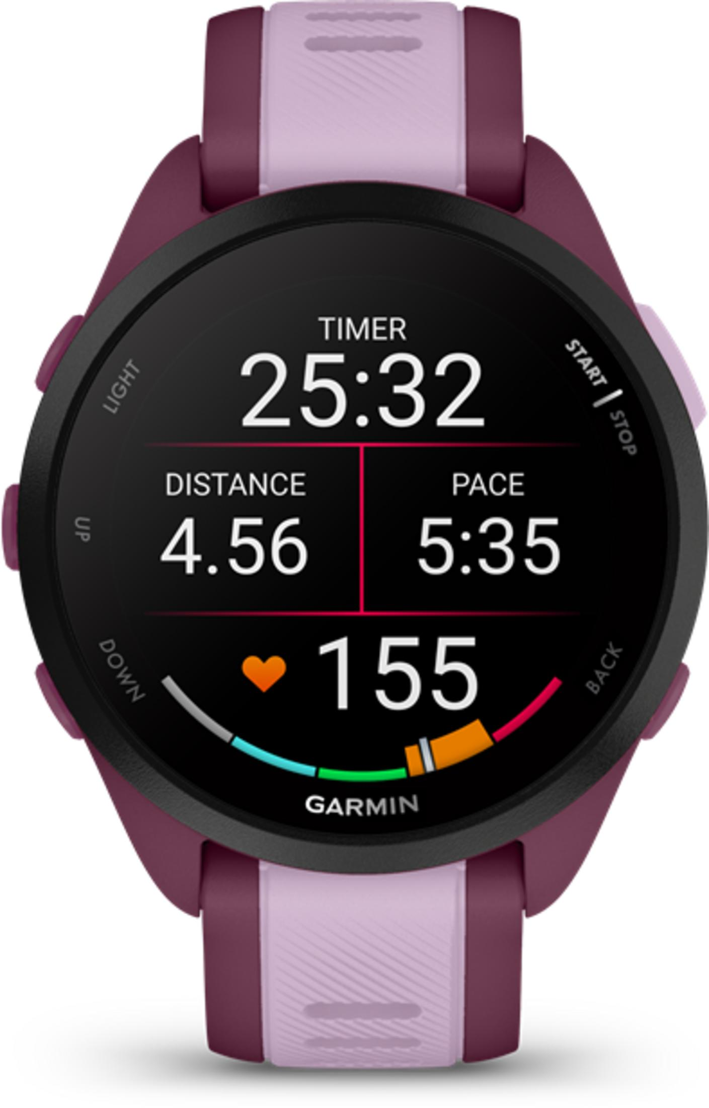 Un reloj Garmin morado y rosa muestra temporizador, distancia, ritmo y frecuencia cardíaca.