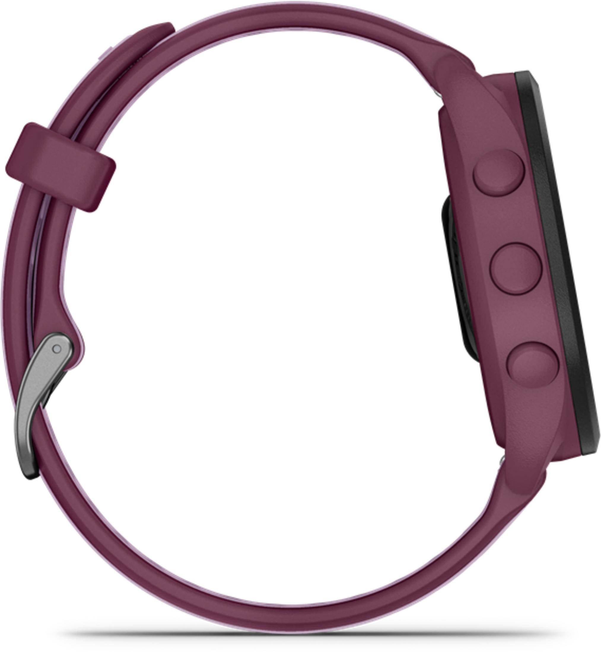 Reloj inteligente morado con tres botones laterales y hebilla metálica.