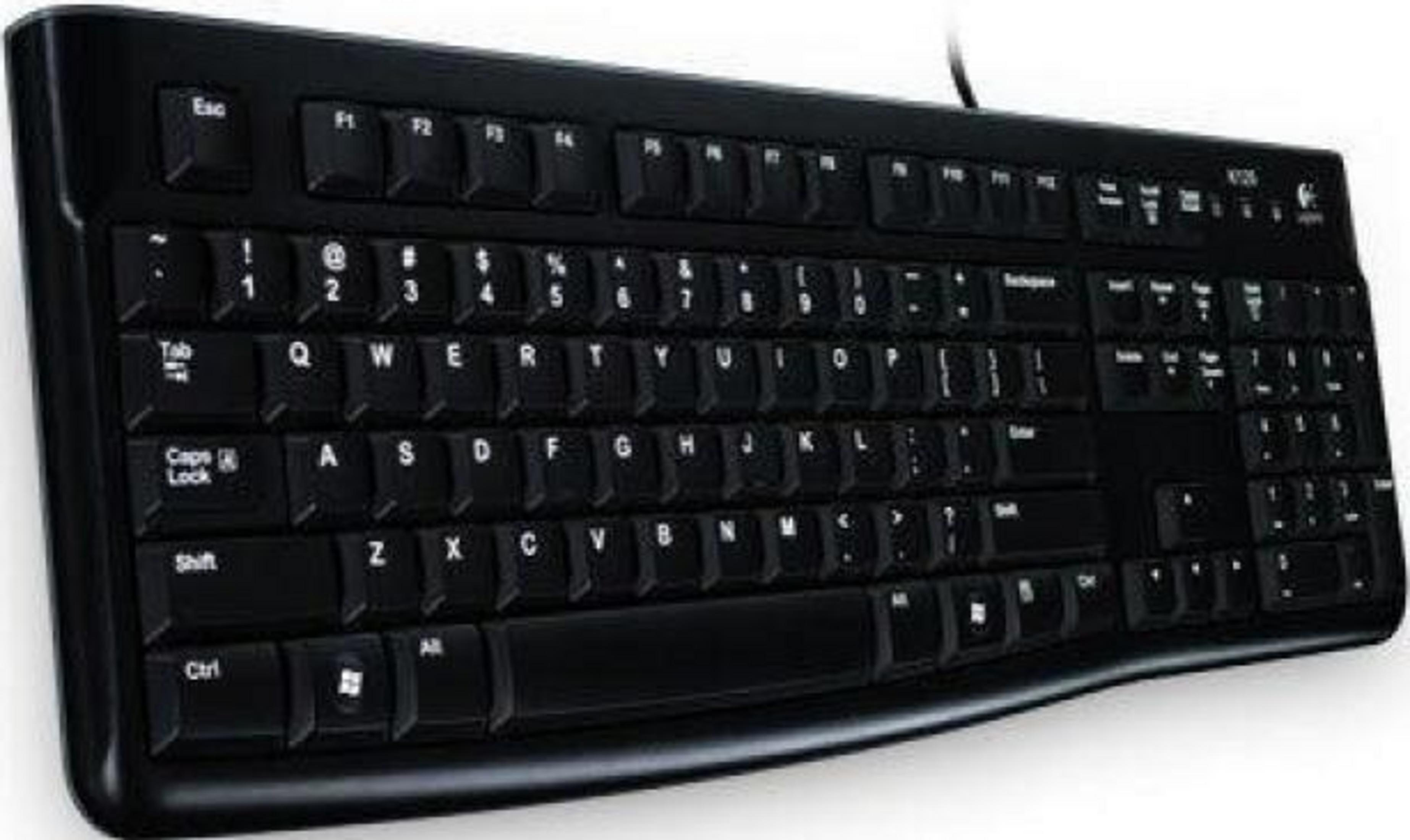 Czarna klawiatura QWERTY, widok od lewej z przodu.