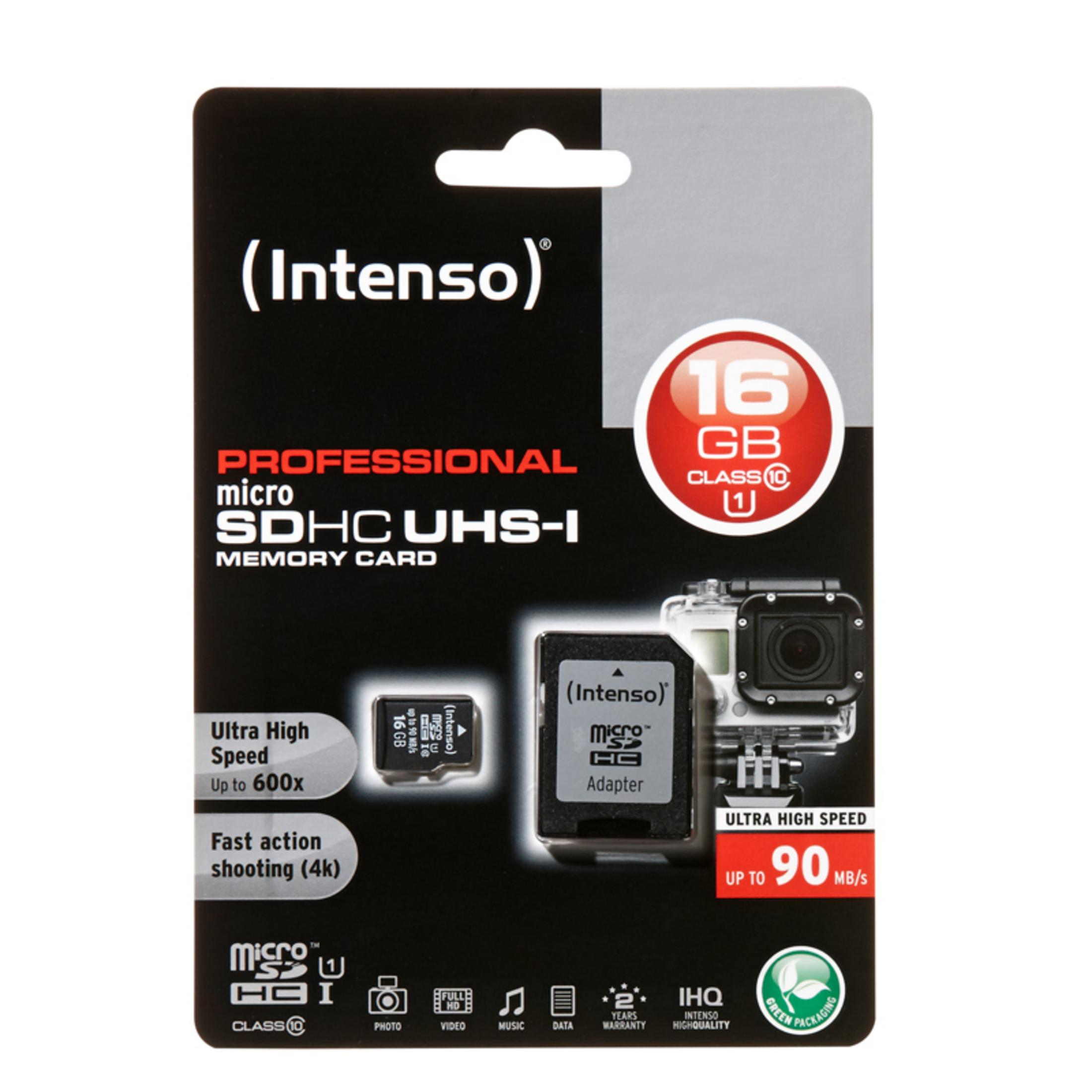 Intenso 16GB Micro SDHC UHS-I Speicherkarte mit Adapter und Kamera.