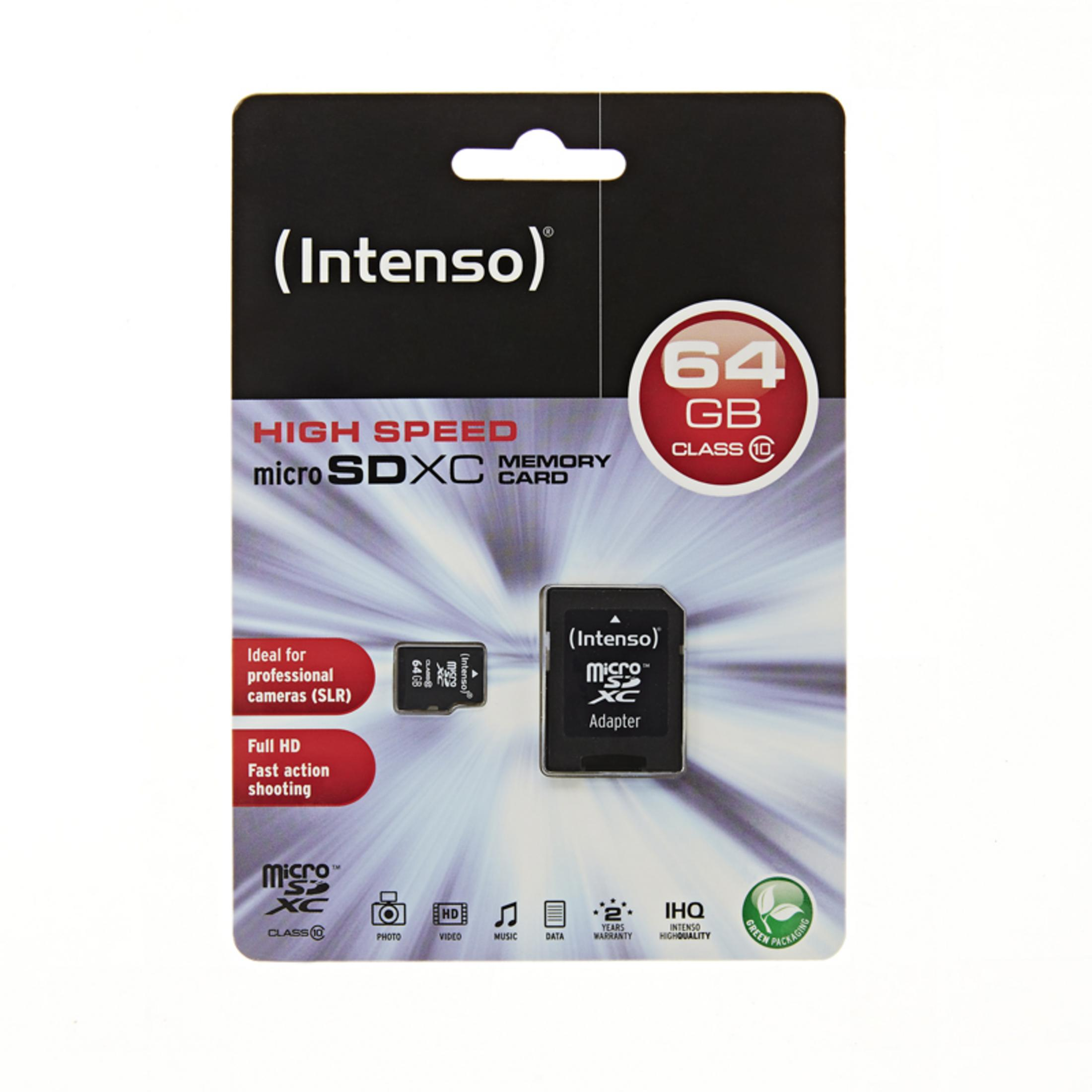 Intenso 64GB Micro SDXC Karte mit Adapter, ideal für Profi-Kameras.