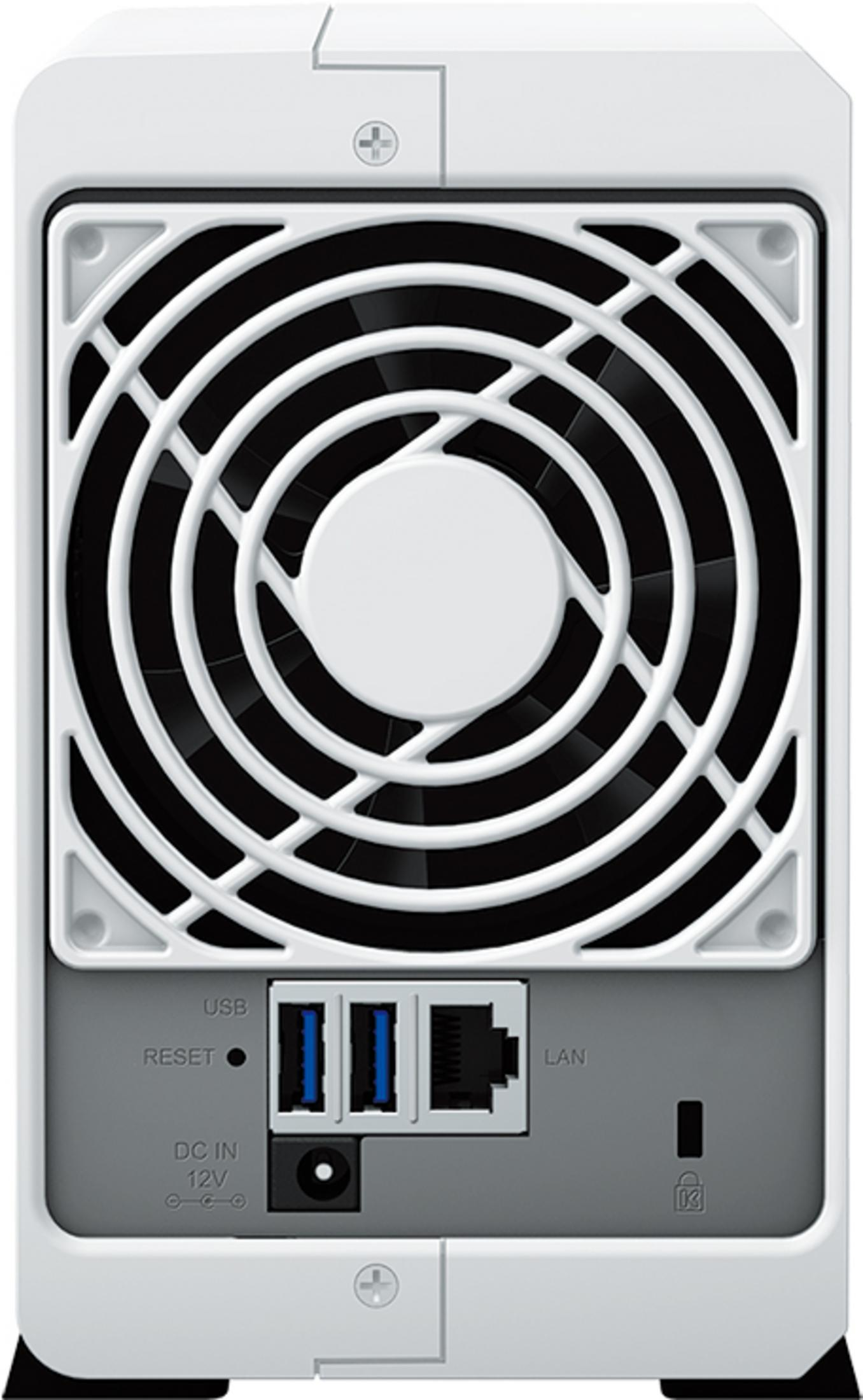 Parte trasera de un dispositivo NAS blanco con ventilador, puertos USB, LAN, reset y de alimentación.
