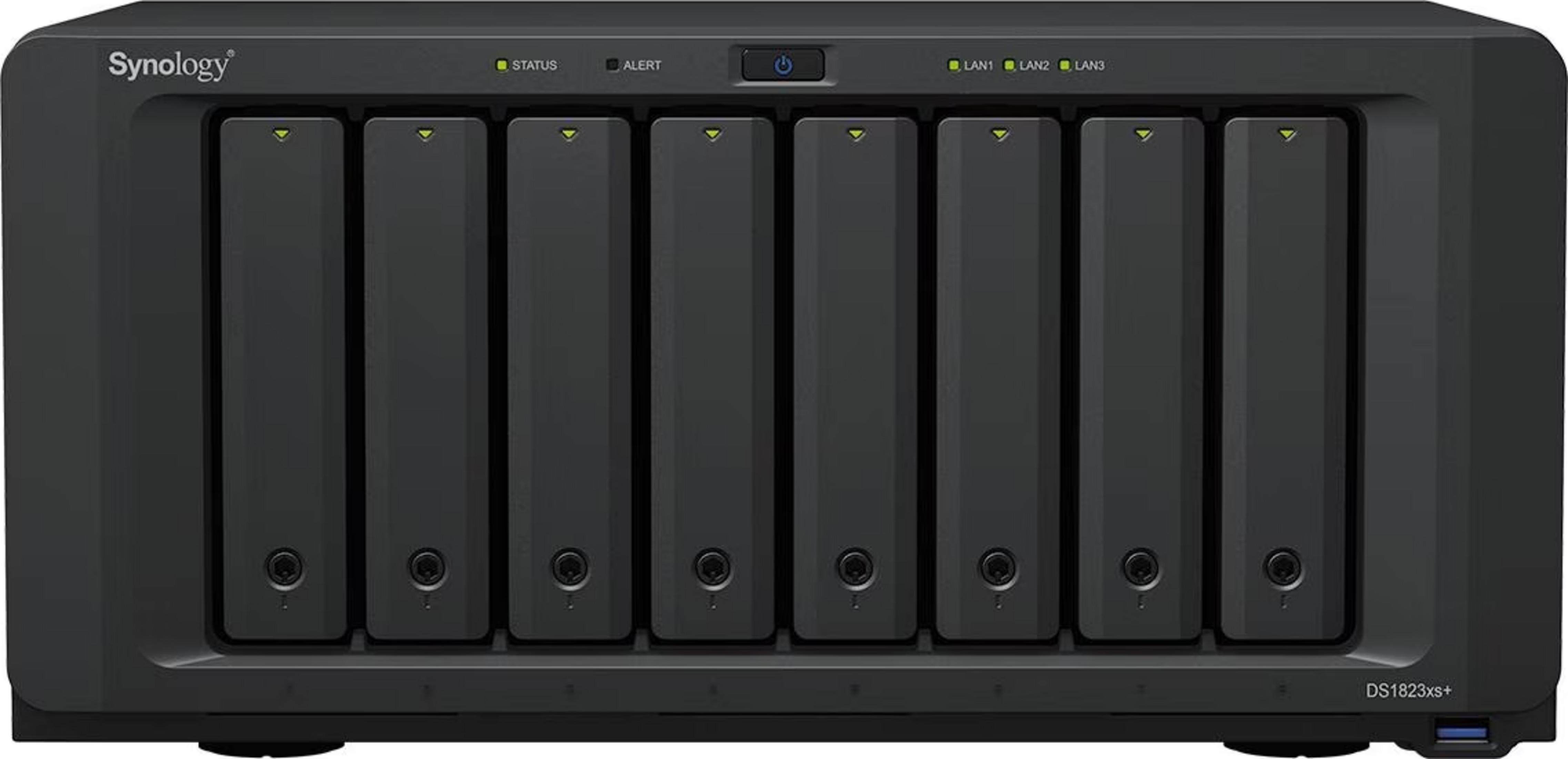 NAS Synology noir avec 8 baies et indicateurs d'état.