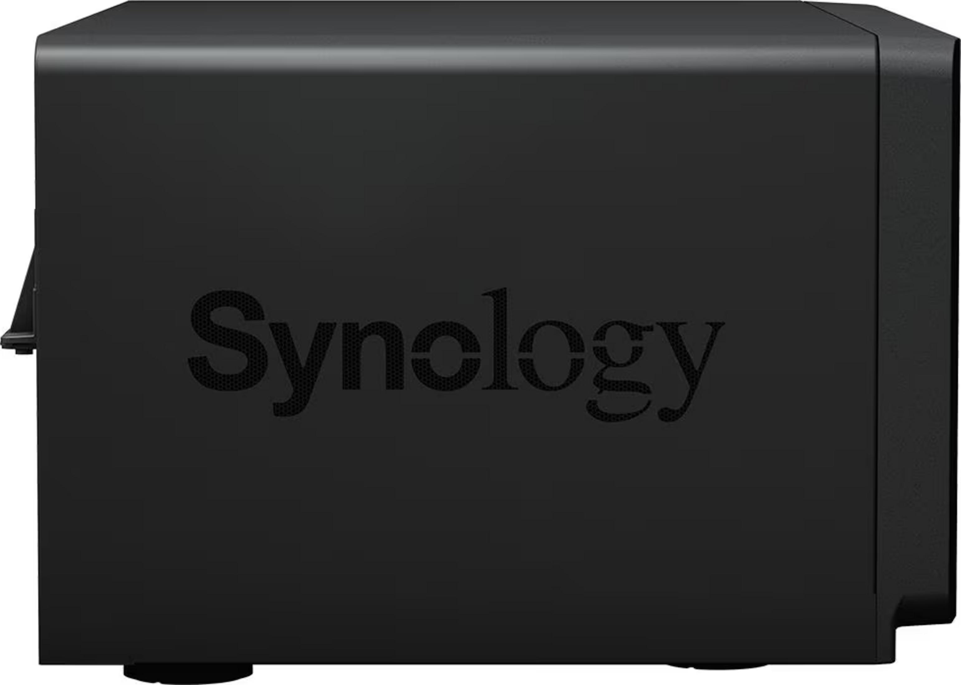 Un appareil NAS Synology noir sur fond blanc.