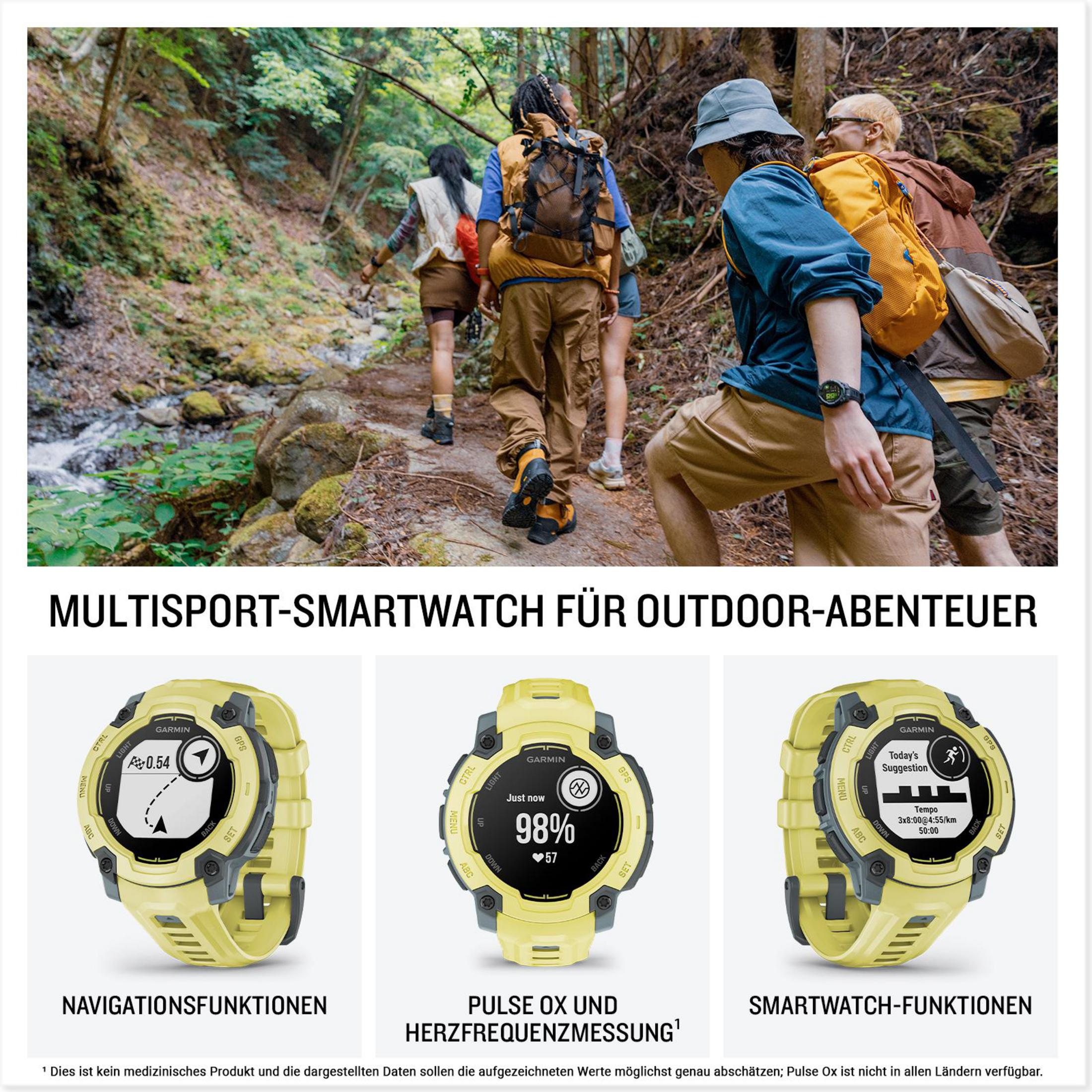 Outdoor smartwatch met wandelaars in bos en drie gedetailleerde weergaven.