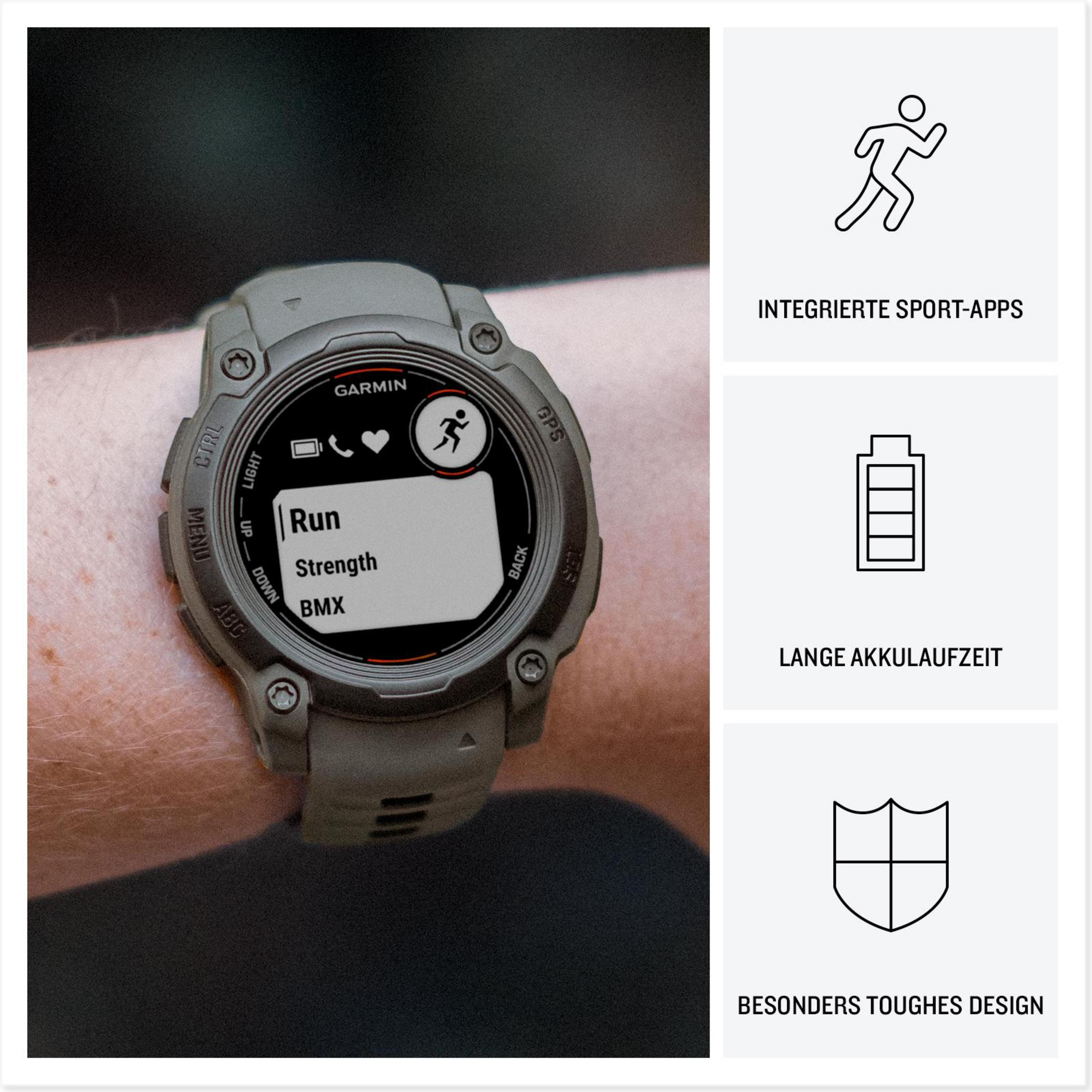 Een grijze Garmin sporthorloge om een pols, met menu-opties.