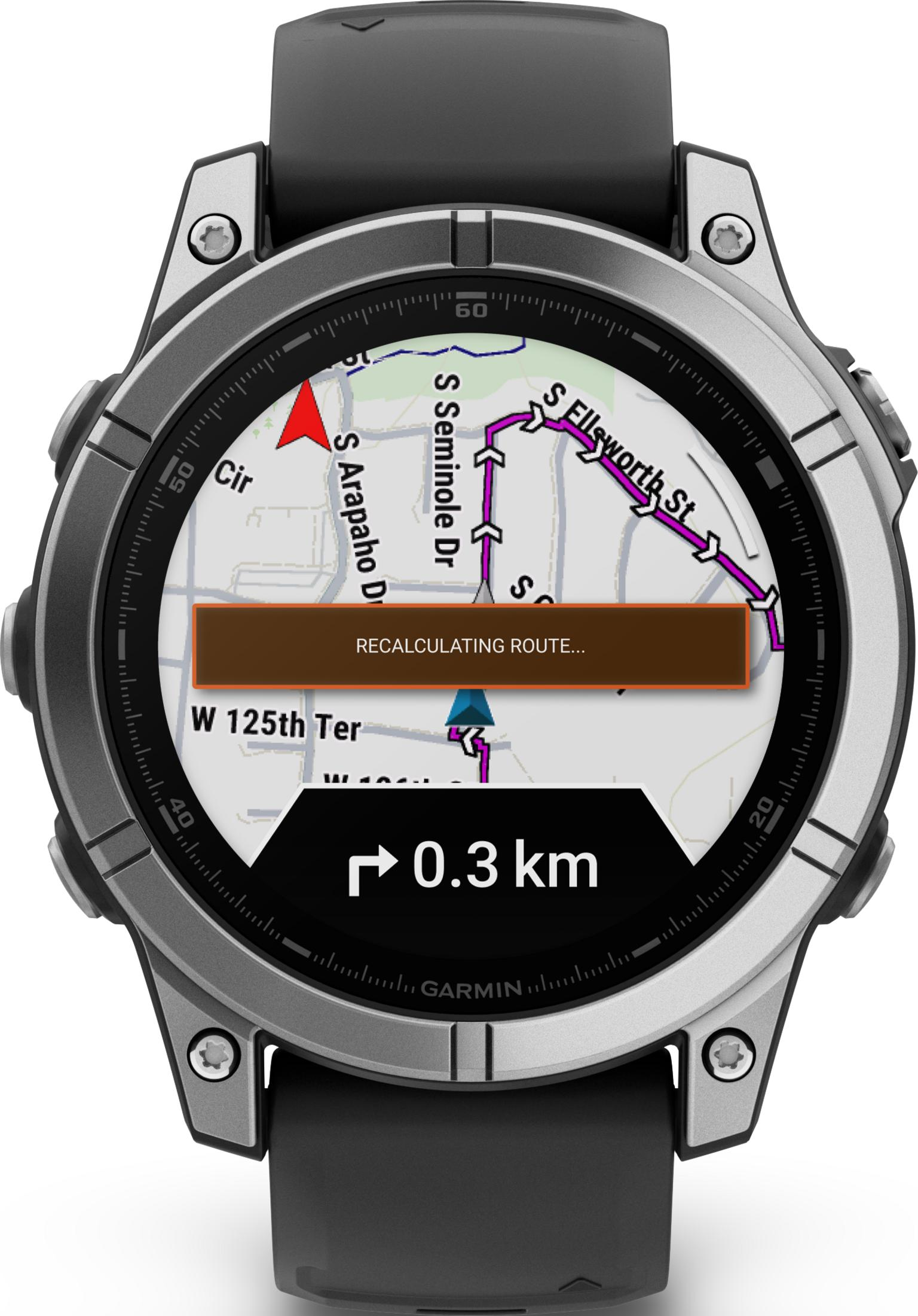 Szary smartwatch z mapą, przeliczanie trasy, 0,3 km.
