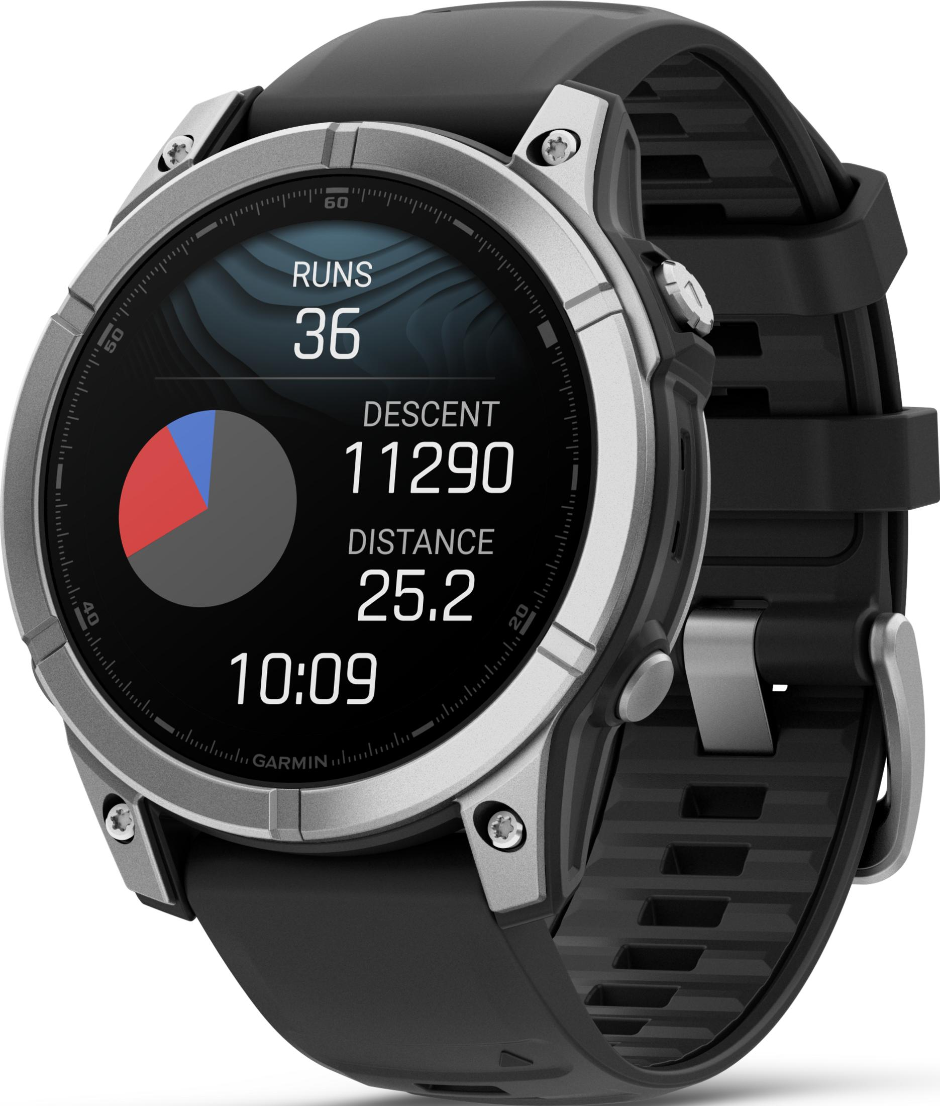Szary smartwatch Garmin z czarnym paskiem wyświetla 36 biegów, 11290 zjazdu, 25.2 dystansu, 10:09.