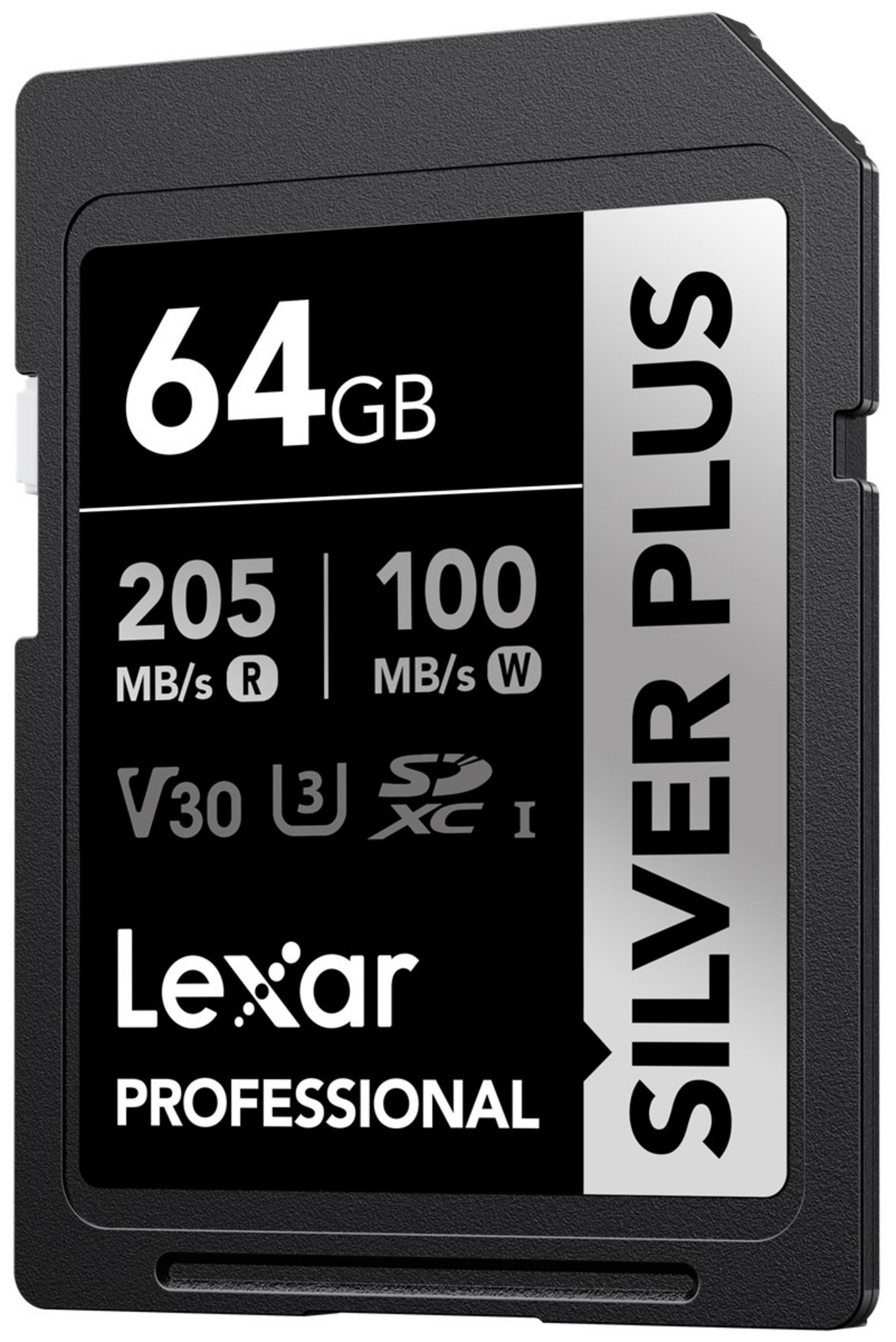 Scheda SD Lexar 64GB con scritta SILVER PLUS. Velocità lettura/scrittura 205/100.