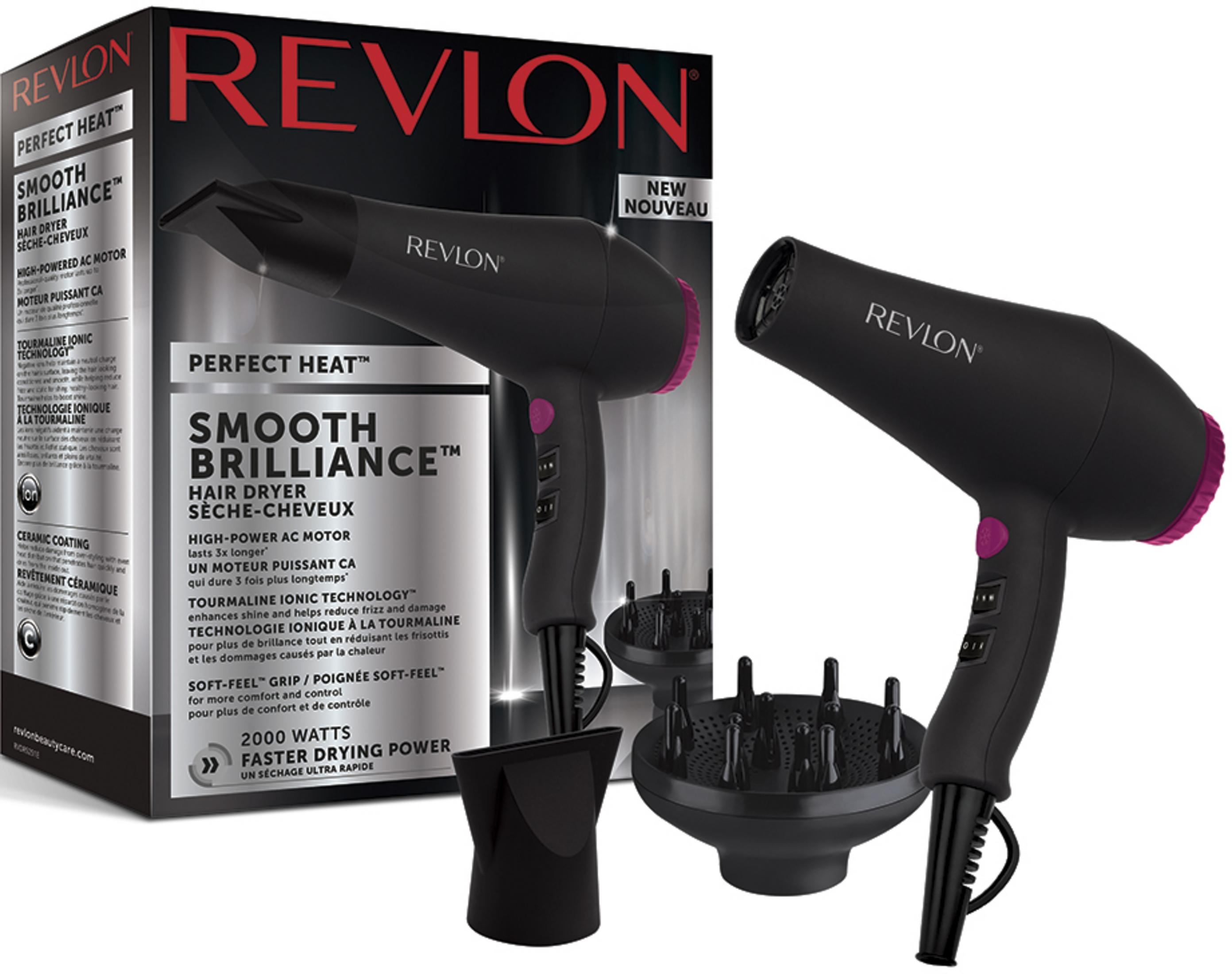 Zestaw suszarki Revlon z dyfuzorem i dyszą w kolorze czarnym z różowymi akcentami.