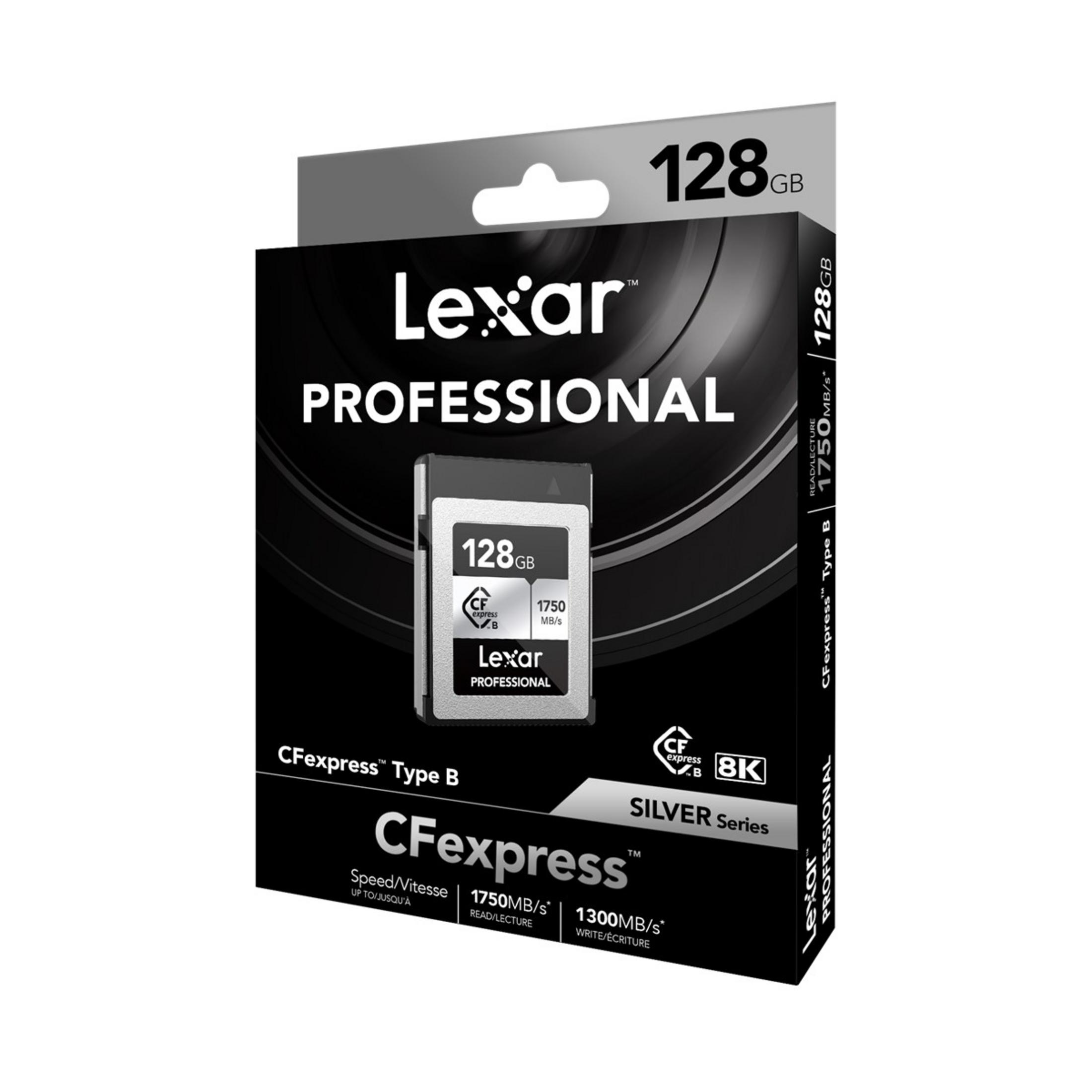 Lexar 128GB CFexpress Type B Professional geheugenkaart op zwarte achtergrond.