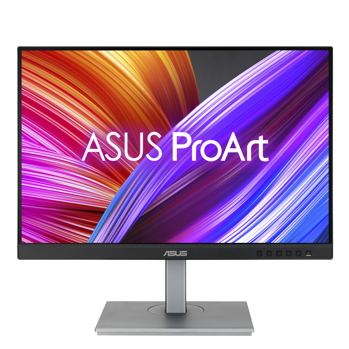 Monitor Asus ProArt z kolorowym abstrakcyjnym tłem i logo Asus.