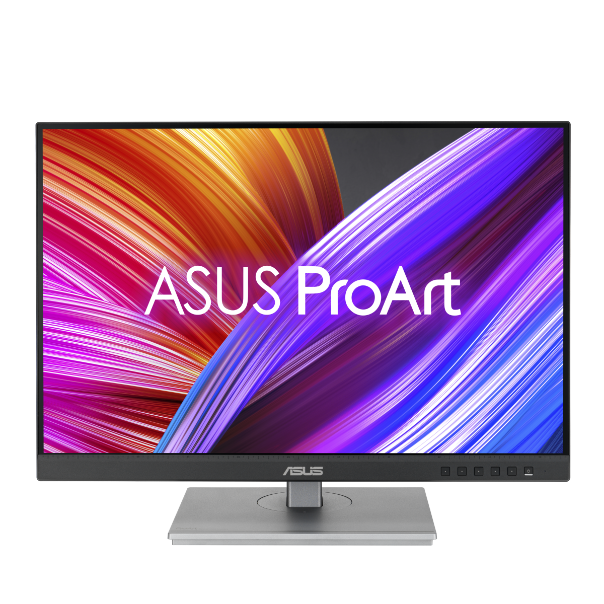 Monitor ASUS ProArt z abstrakcyjnym tłem w kolorach pomarańczowym, żółtym i fioletowym.