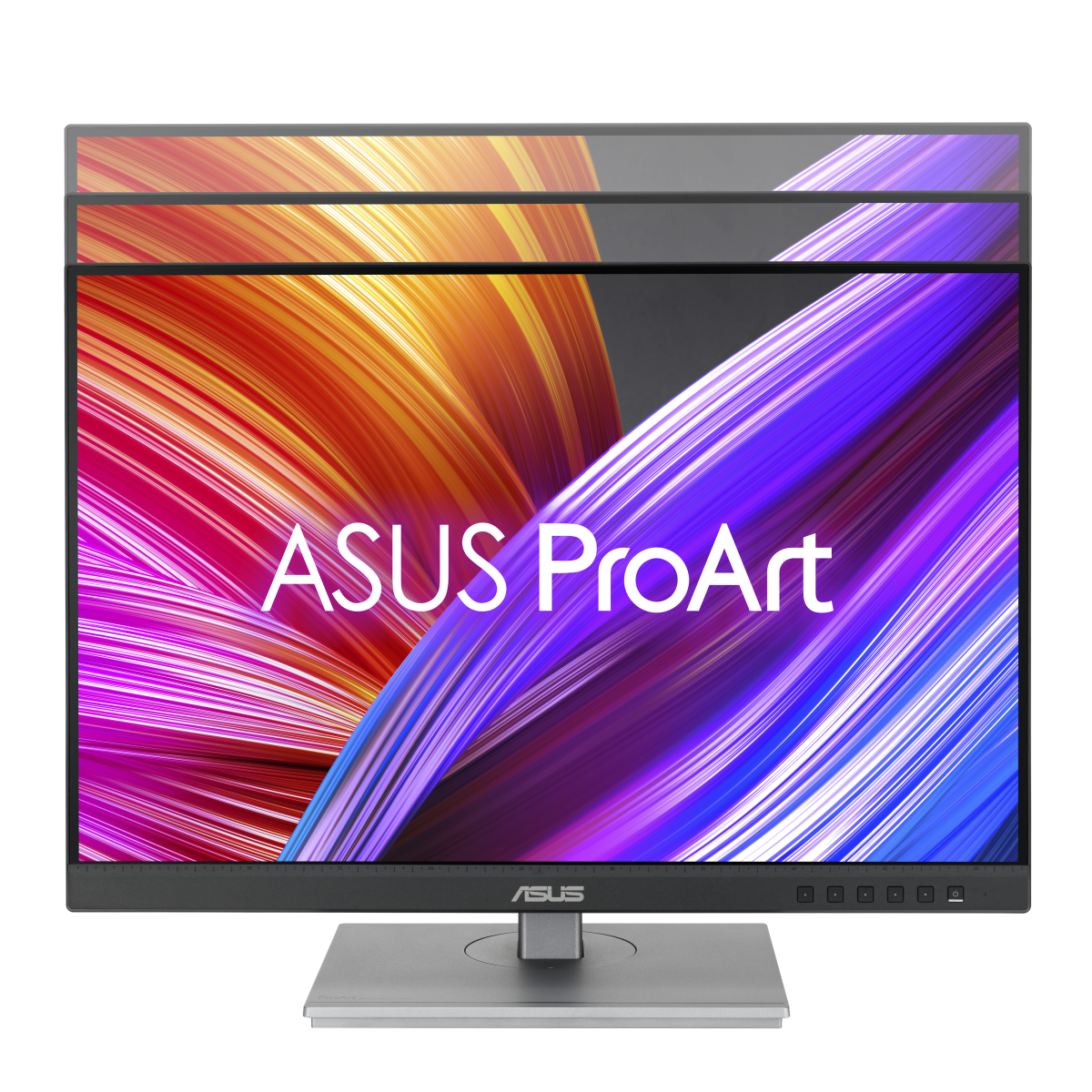 Monitor ASUS ProArt z abstrakcyjnym, kolorowym tłem.
