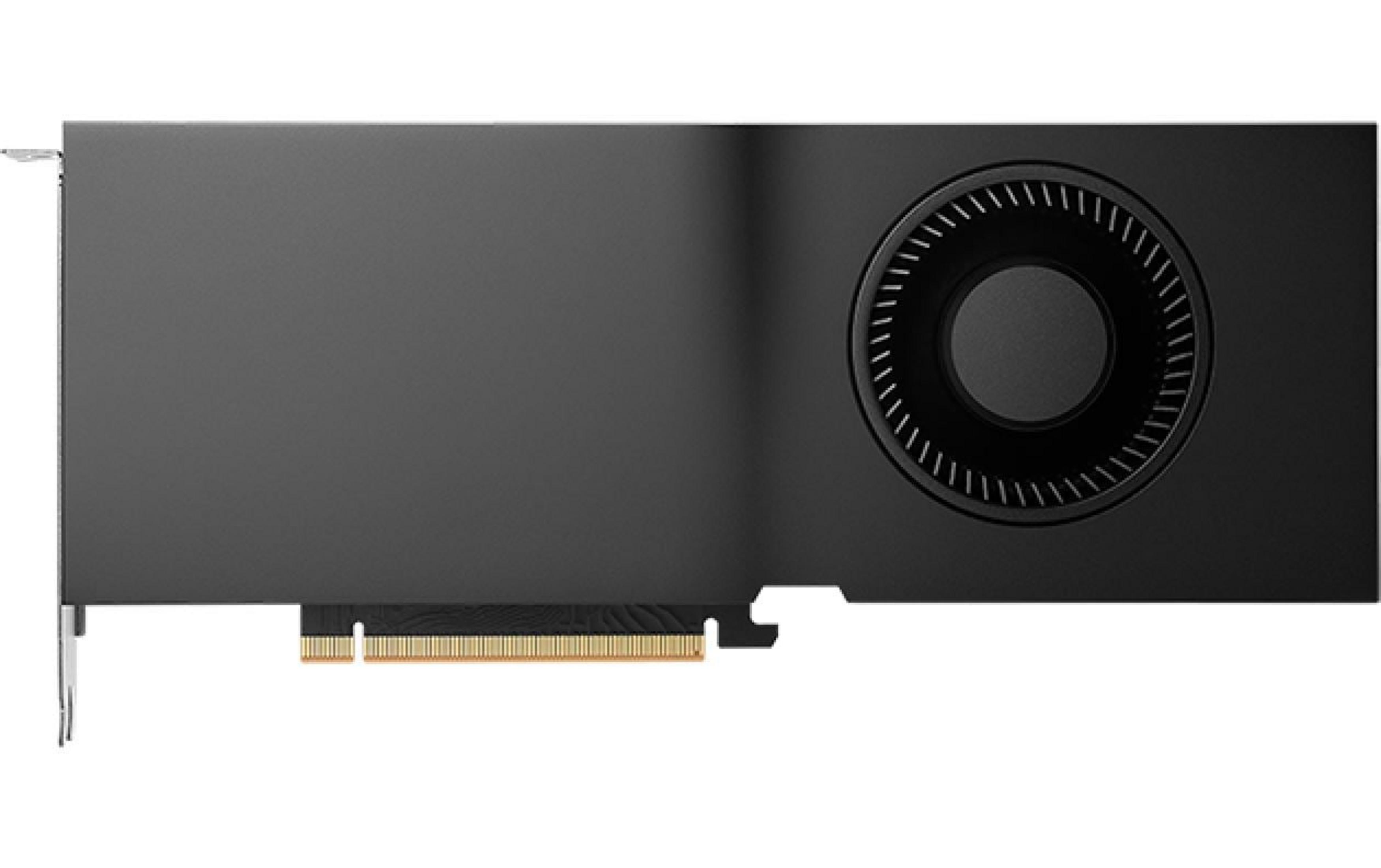 Czarna karta graficzna z wentylatorem i złotymi złączami.