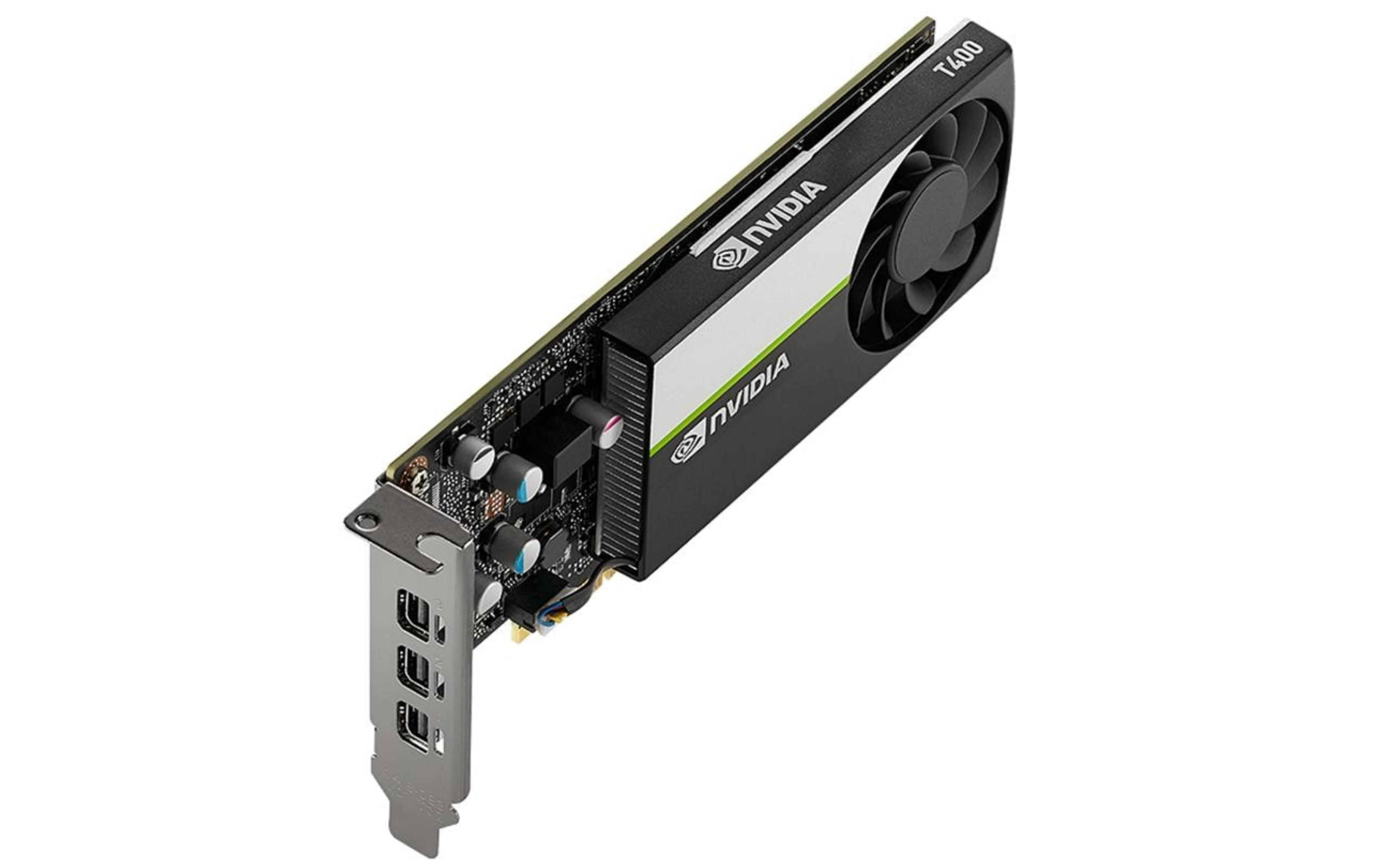 Karta graficzna Nvidia T400 z wentylatorem i złączami na białym tle.
