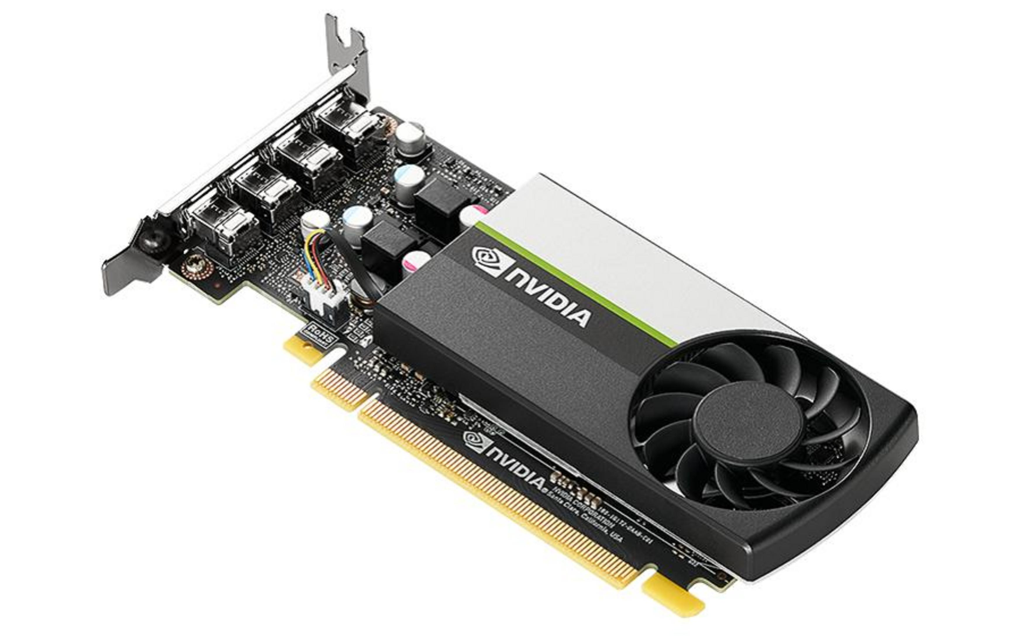 Eine Nvidia-Grafikkarte mit Lüfter und Anschlüssen auf weißem Hintergrund.