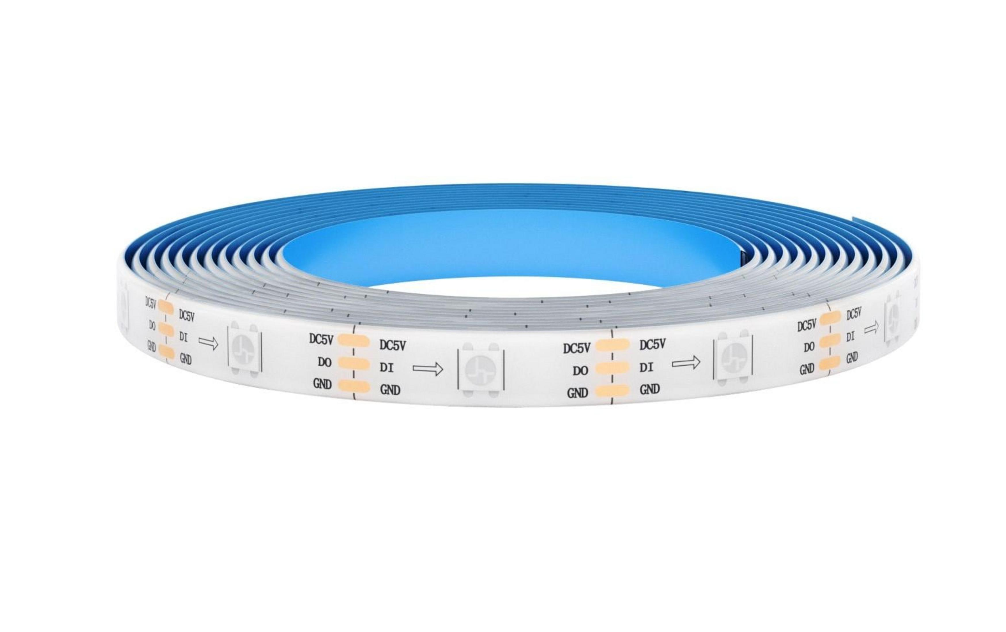 Un rotolo di striscia LED arrotolata con retro blu e marcature.