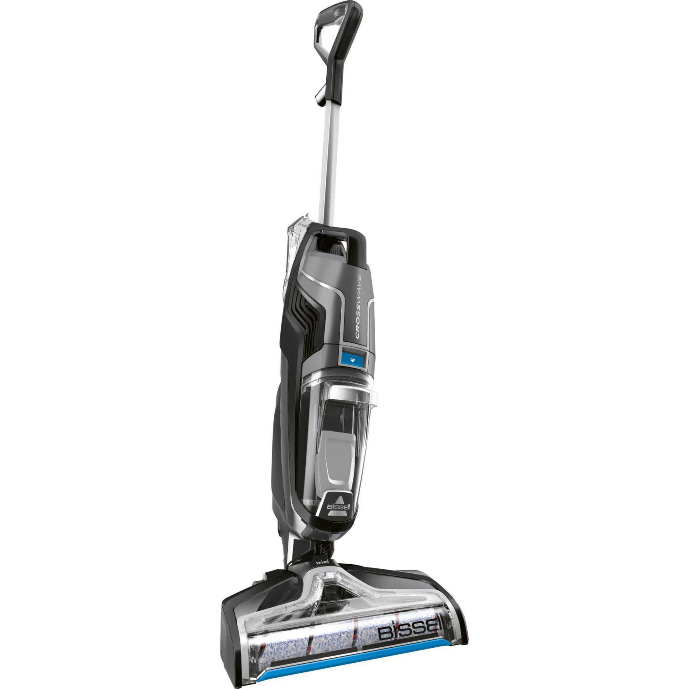 Un nettoyeur de sol gris et noir avec manche et brosse.