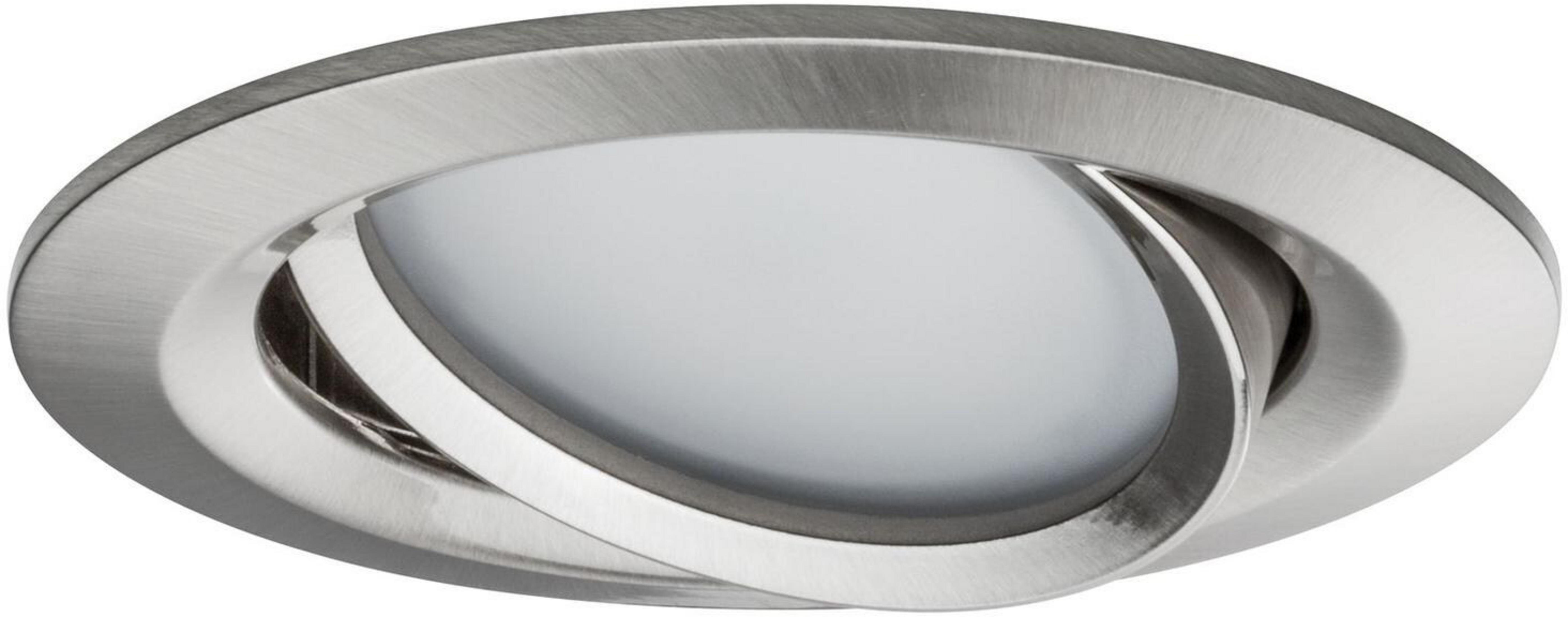 Eine gebürstete Nickel Einbauleuchte mit einem drehbaren Einsatz.