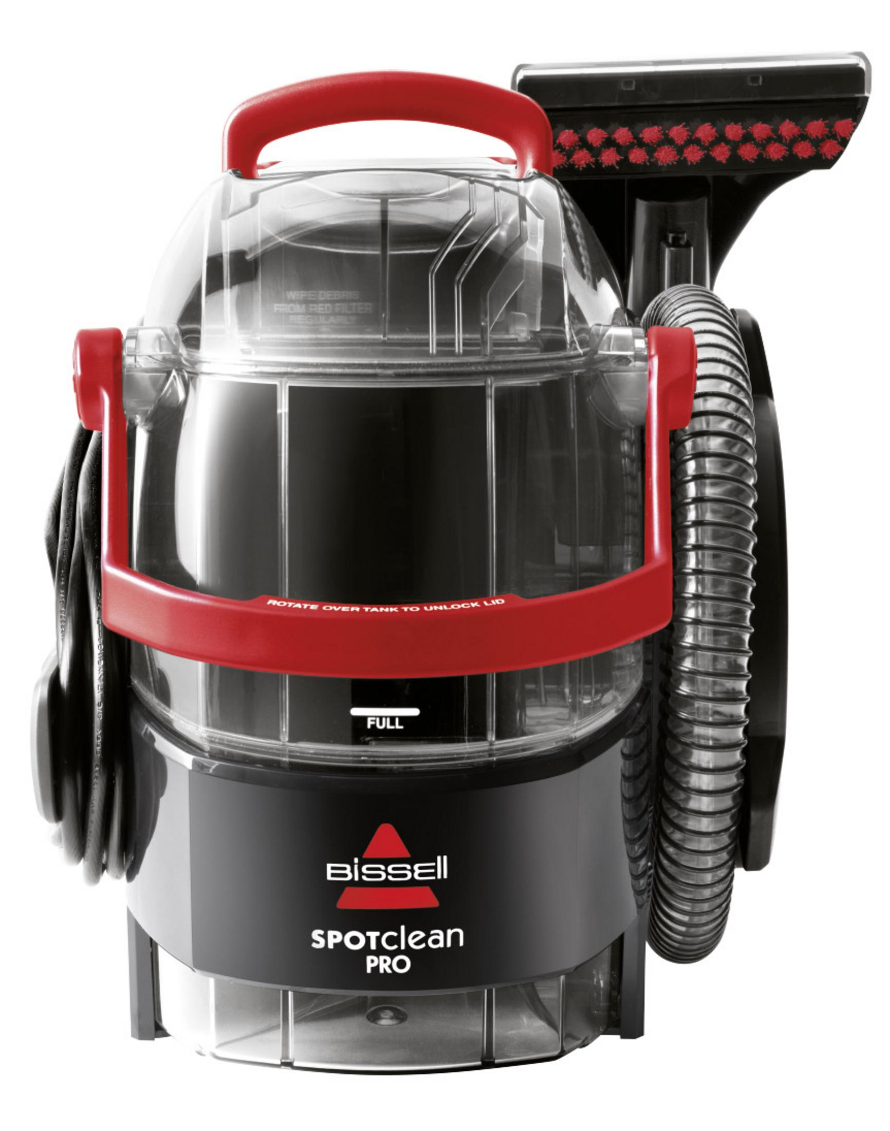 Przenośny odplamiacz do dywanów Bissell SpotClean Pro z czerwoną rączką.