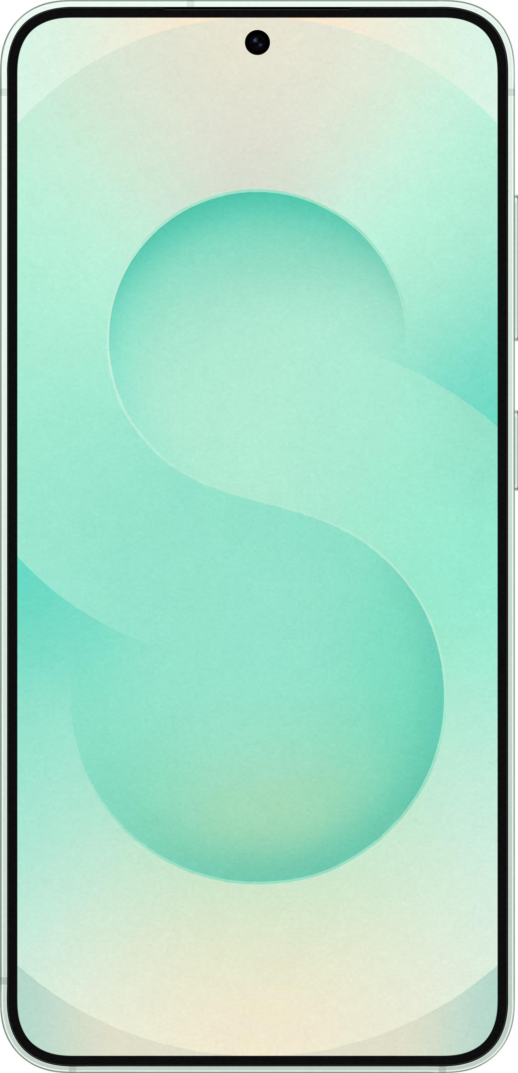 Ein Smartphone mit einem mintgrünen Hintergrund und einem großen S-förmigen Muster.
