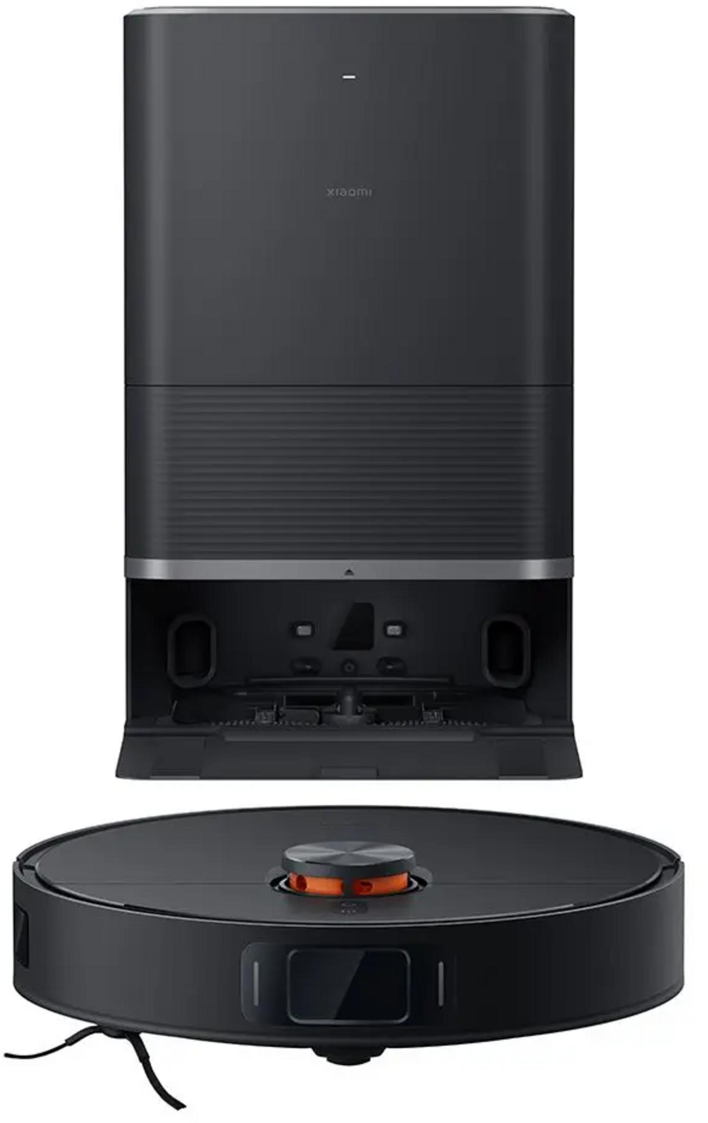 Czarny robot sprzątający ze stacją ładującą, logo Xiaomi.