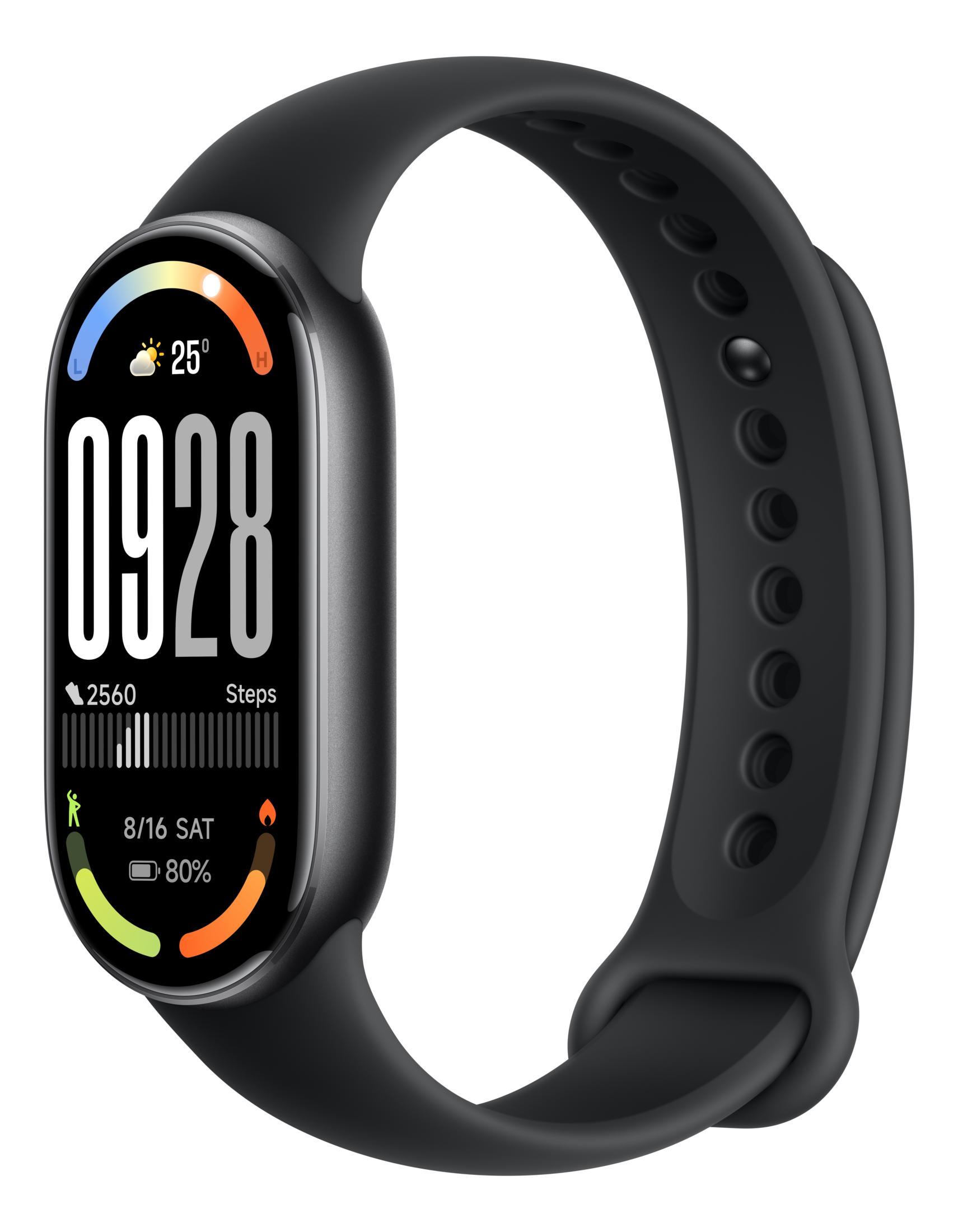 Smart band nero con display digitale: 25°C, 09:28, 2560 passi, 16/8 sab, 80% batteria.