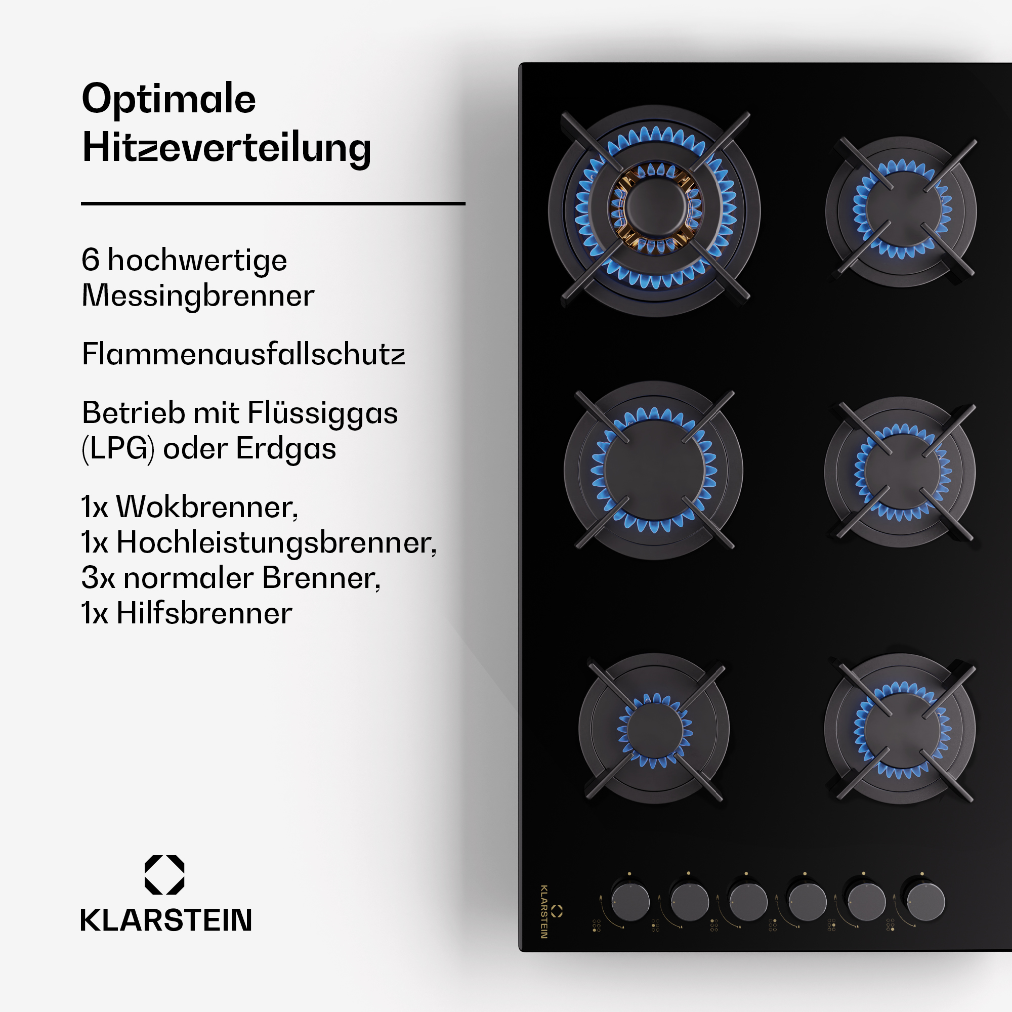 Ein schwarzes Gaskochfeld mit sechs leuchtenden blauen Brennern, Bedienknöpfen und Text zur Beschreibung der Funktionen auf weißem Hintergrund.
